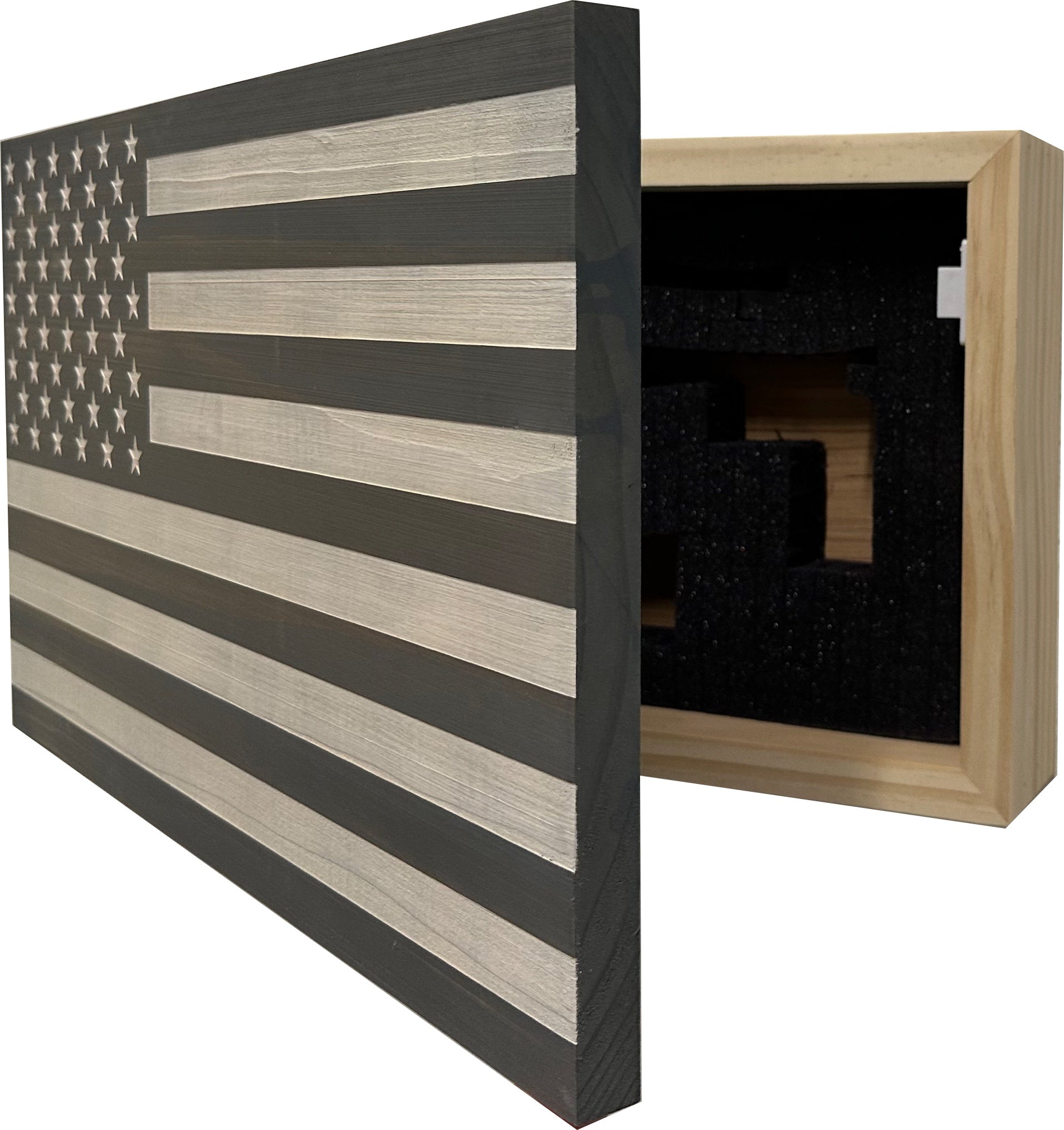 Gray & White American Flag Decorative Wall-Mounted Gun Cabinet partial open