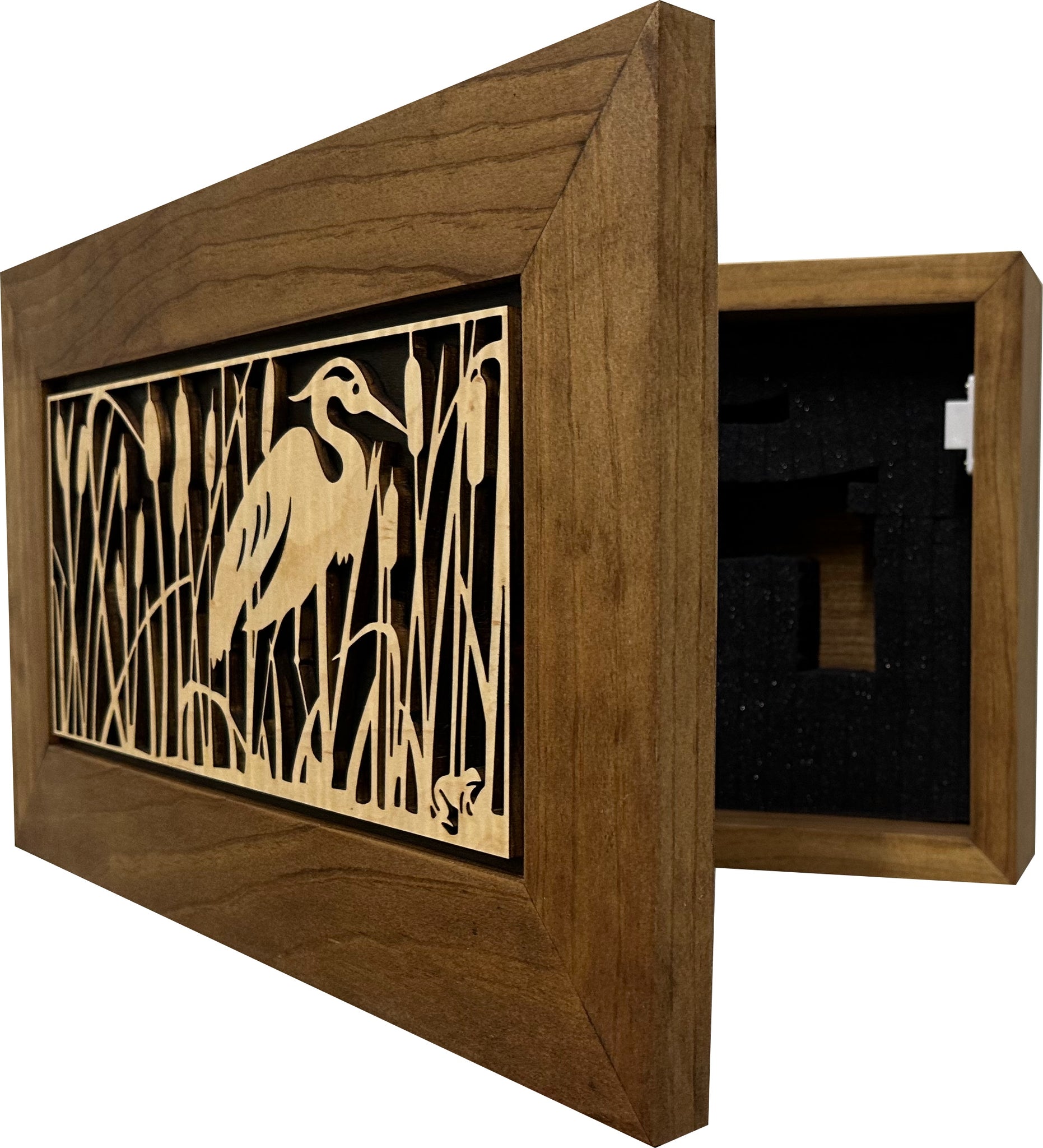 Heron Cattails Wall Hidden Gun Safe | Concealed Storage partial open