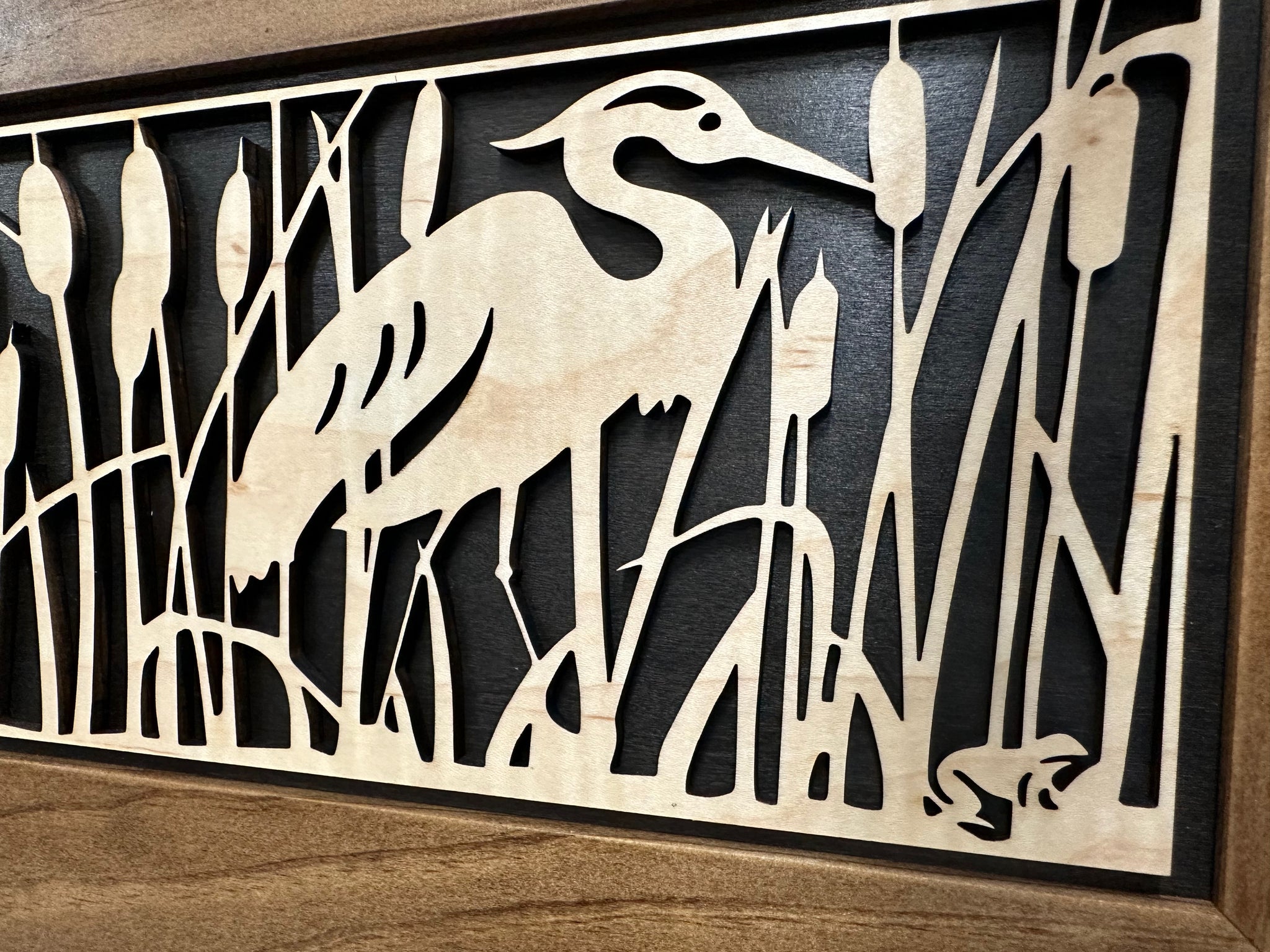 Heron Cattails Wall Hidden Gun Safe | Concealed Storage side close view