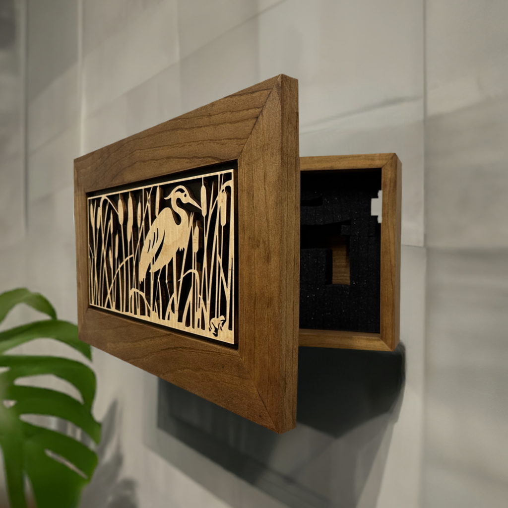 Heron Cattails Wall Hidden Gun Safe | Concealed Storage side view