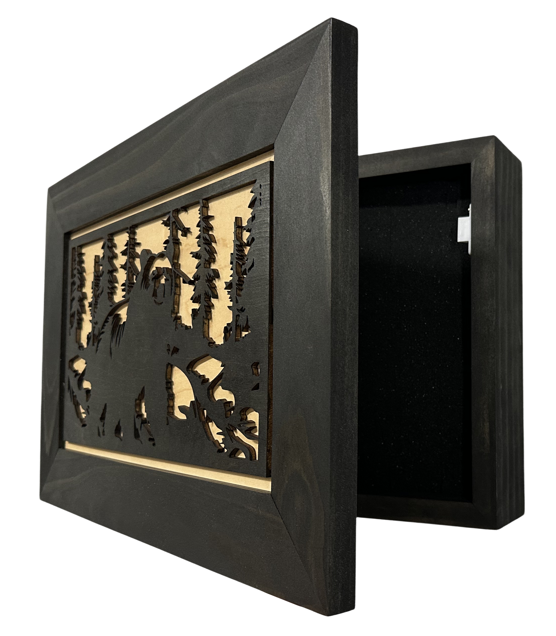 Hidden Black Bear Wall-Mounted Hidden Gun Cabinet partial open