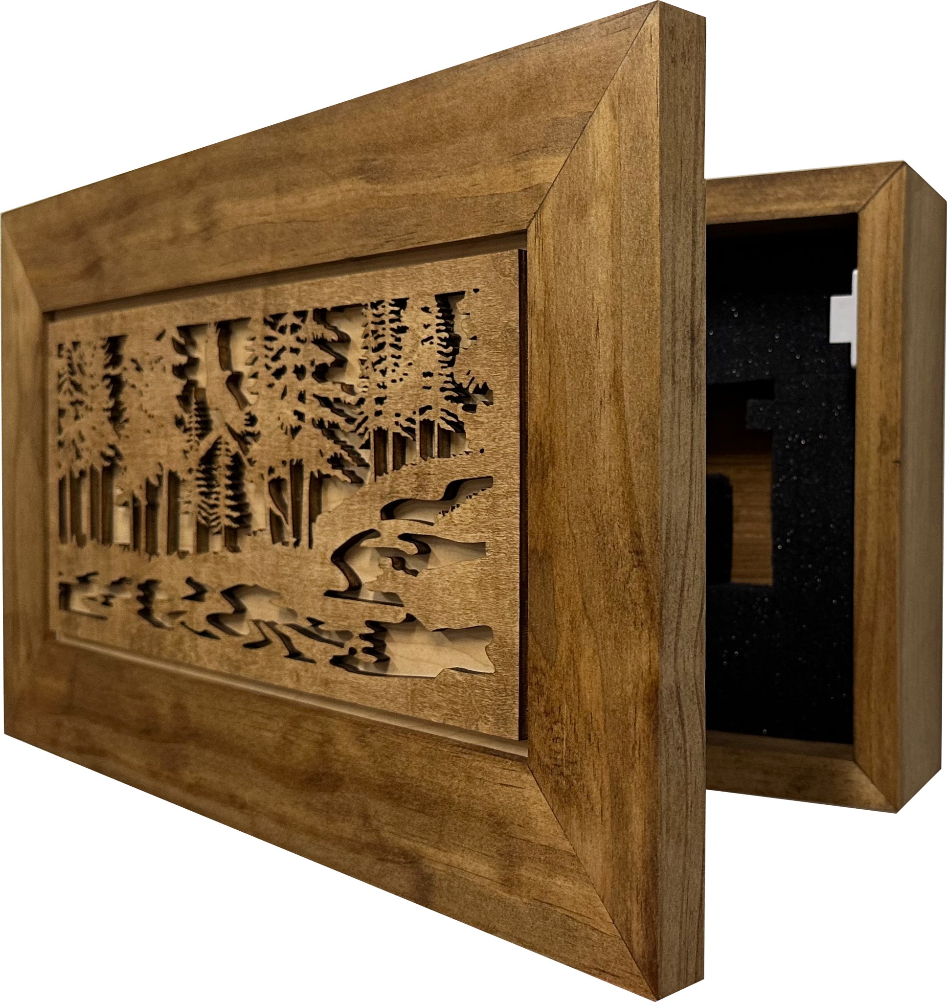 Home Defense Cabinet | Eagle & Stream Concealment Wall Art partial open