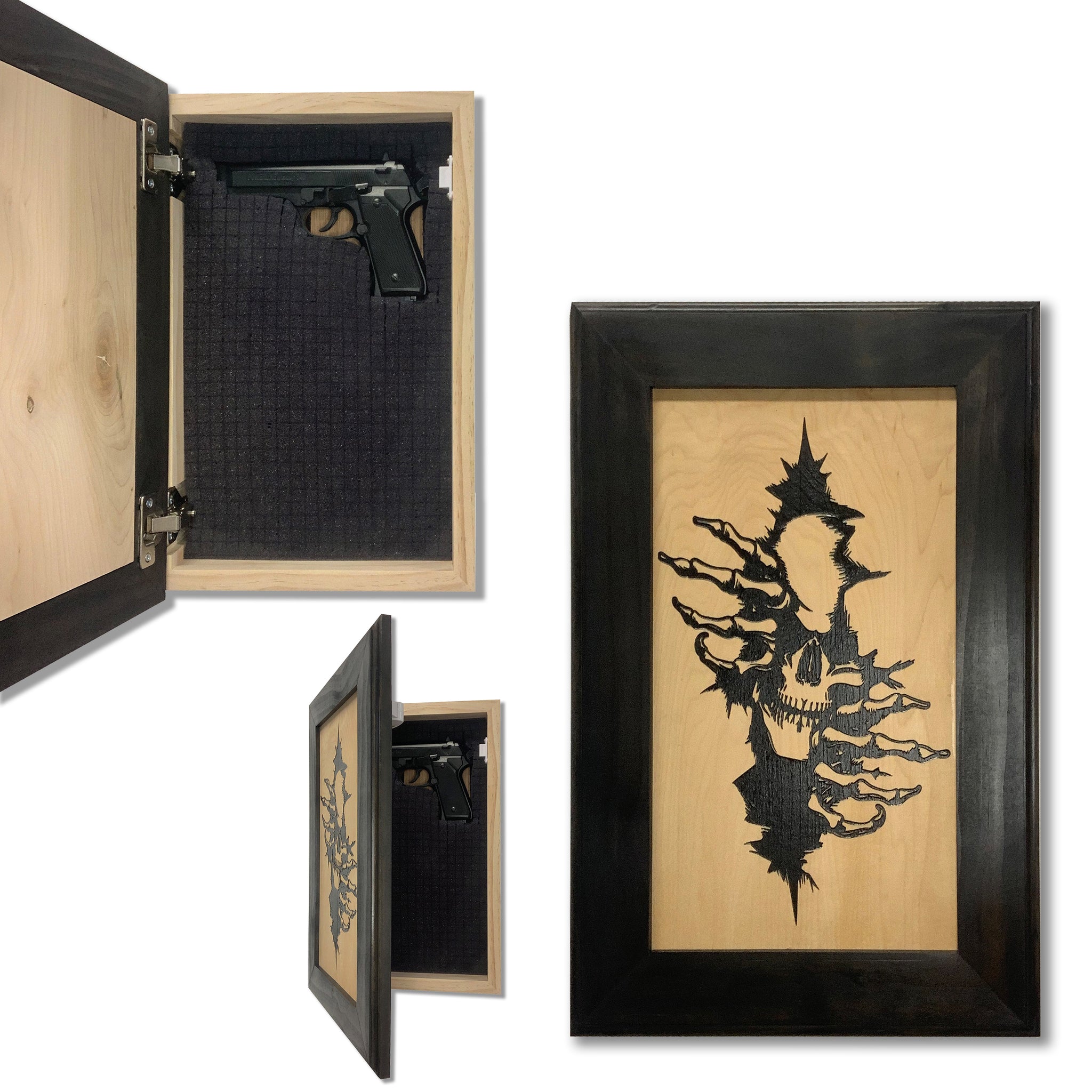 Bellewood Designs gothic skull claw hidden gun cabinet shown from three angles open closed and interior