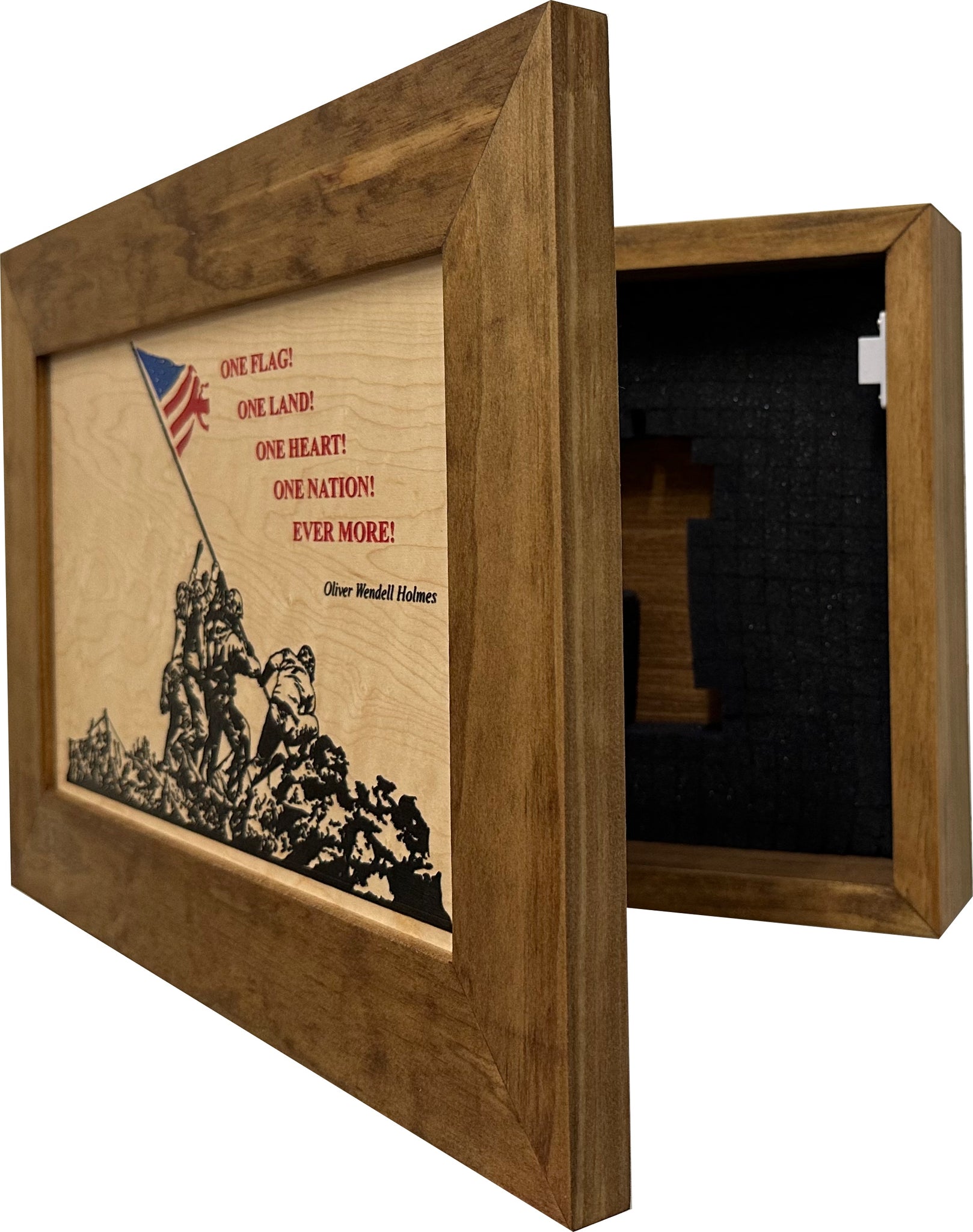 Iwo Jima Flag Raising Decorative Wall-Mounted Gun Cabinet partial open