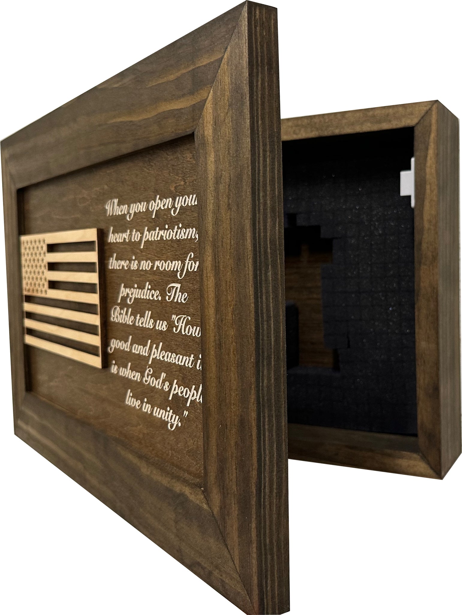 Jacobean American Flag & Patriotism Wall-Mounted Gun Cabinet partial open