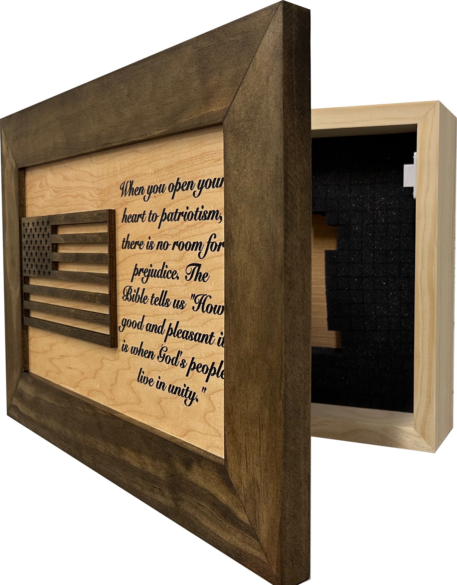 Jacobean & Natural American Flag Wall-Mounted Gun Cabinet partial open