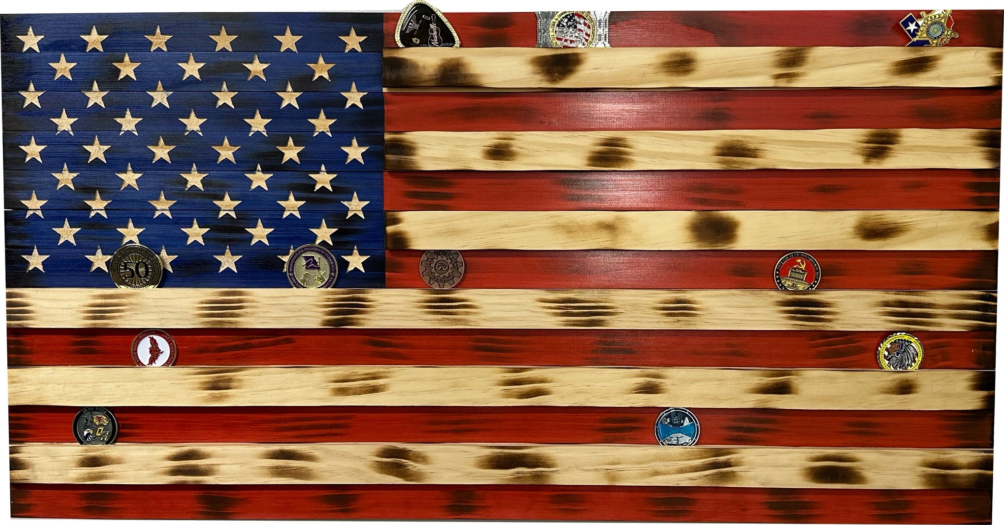 Large American Flag Challenge Coin Display Hidden Gun Cabinet | Bellewood Designs