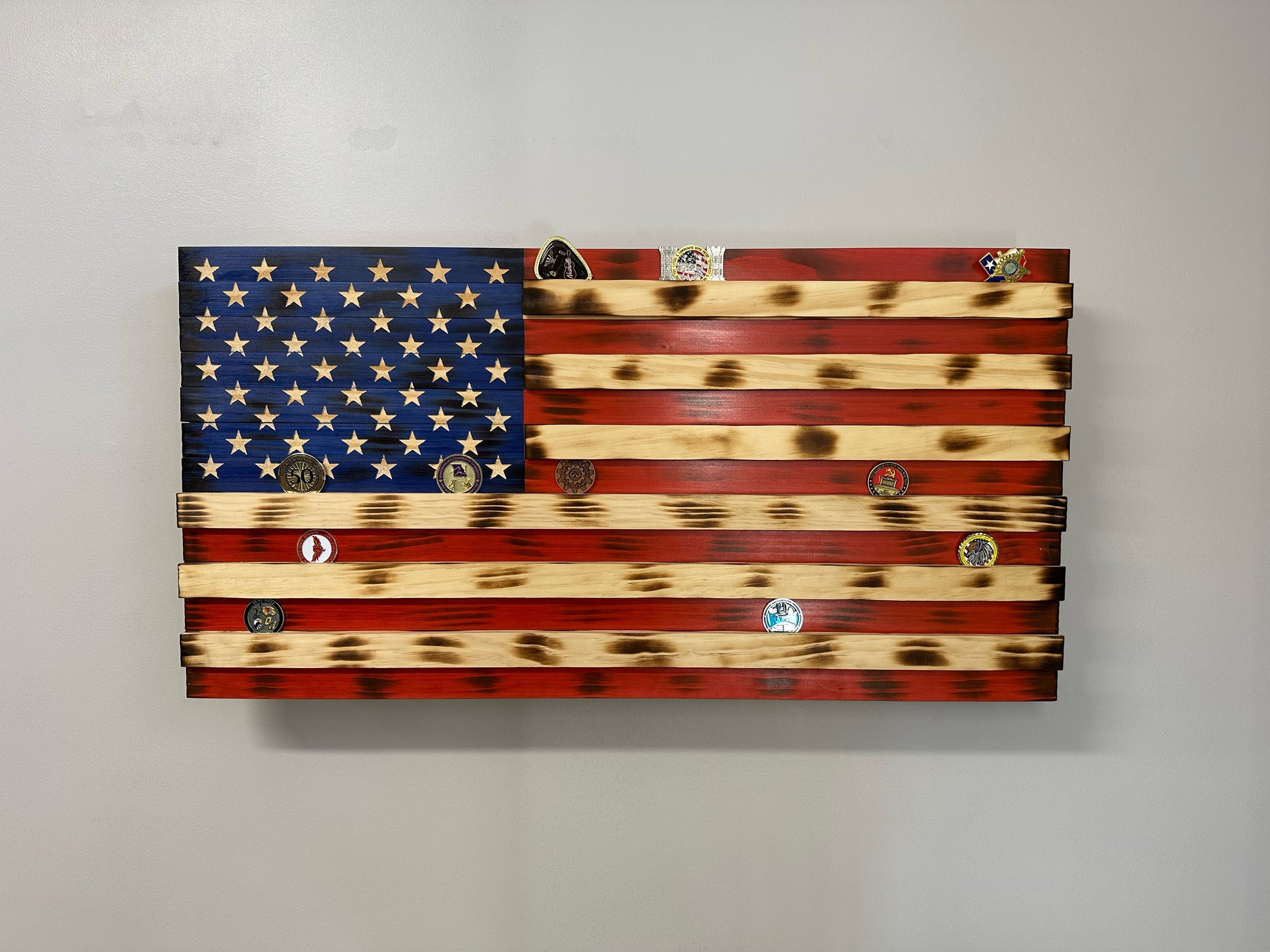 Large American Flag Challenge Coin Display Hidden Gun Cabinet Front look