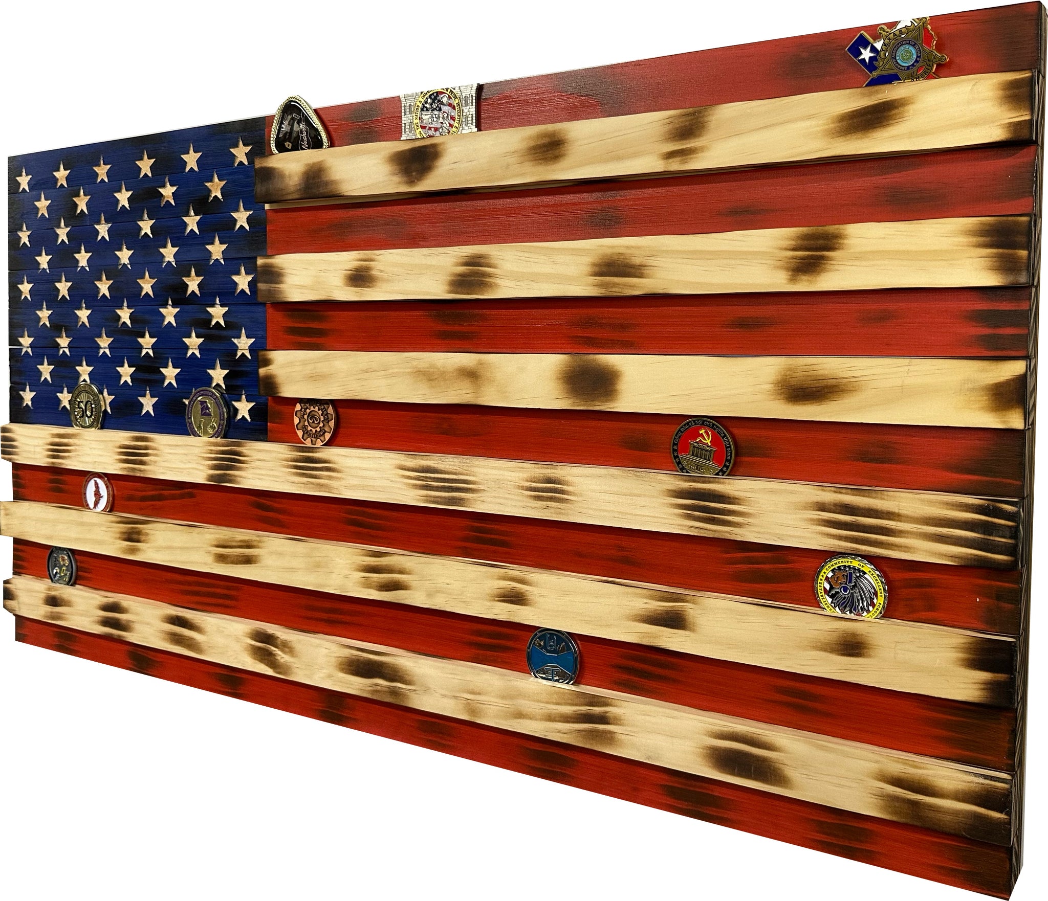 Large American Flag Challenge Coin Display Hidden Gun Cabinet Side View