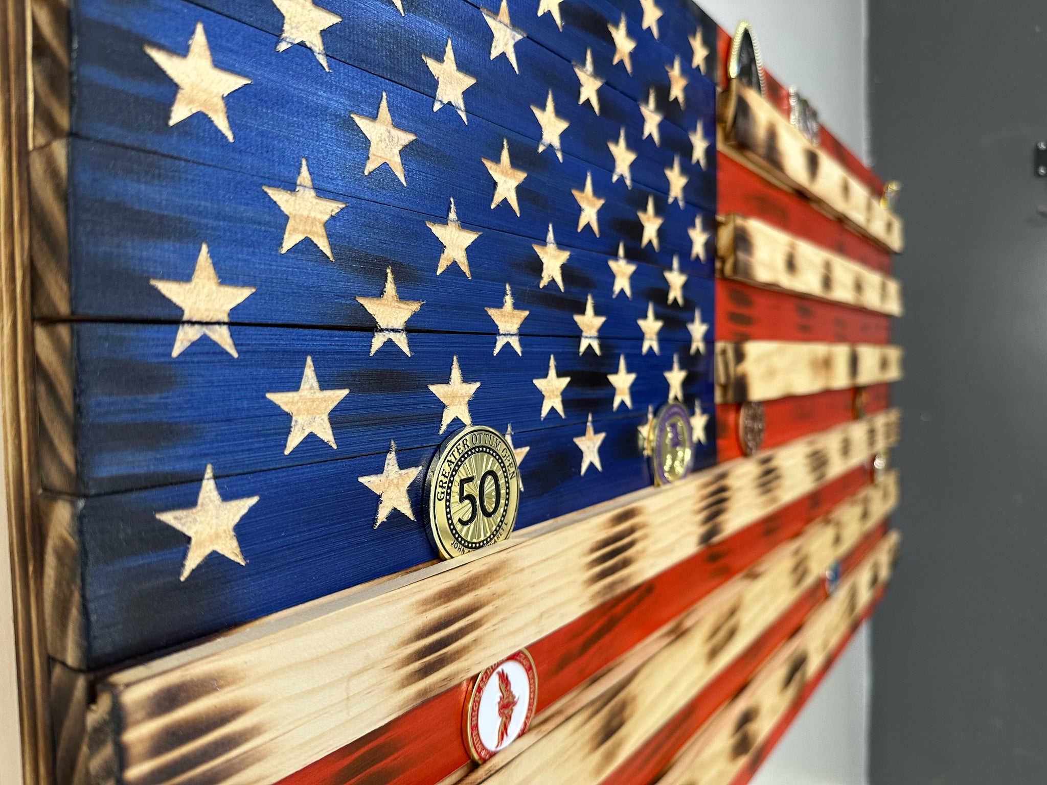 Large American Flag Challenge Coin Display Hidden Gun Cabinet close look