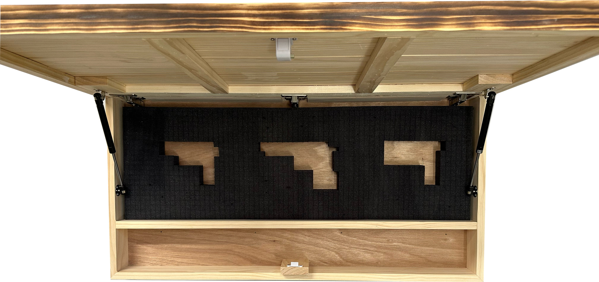 Large American Flag Challenge Coin Display Hidden Gun Cabinet full open