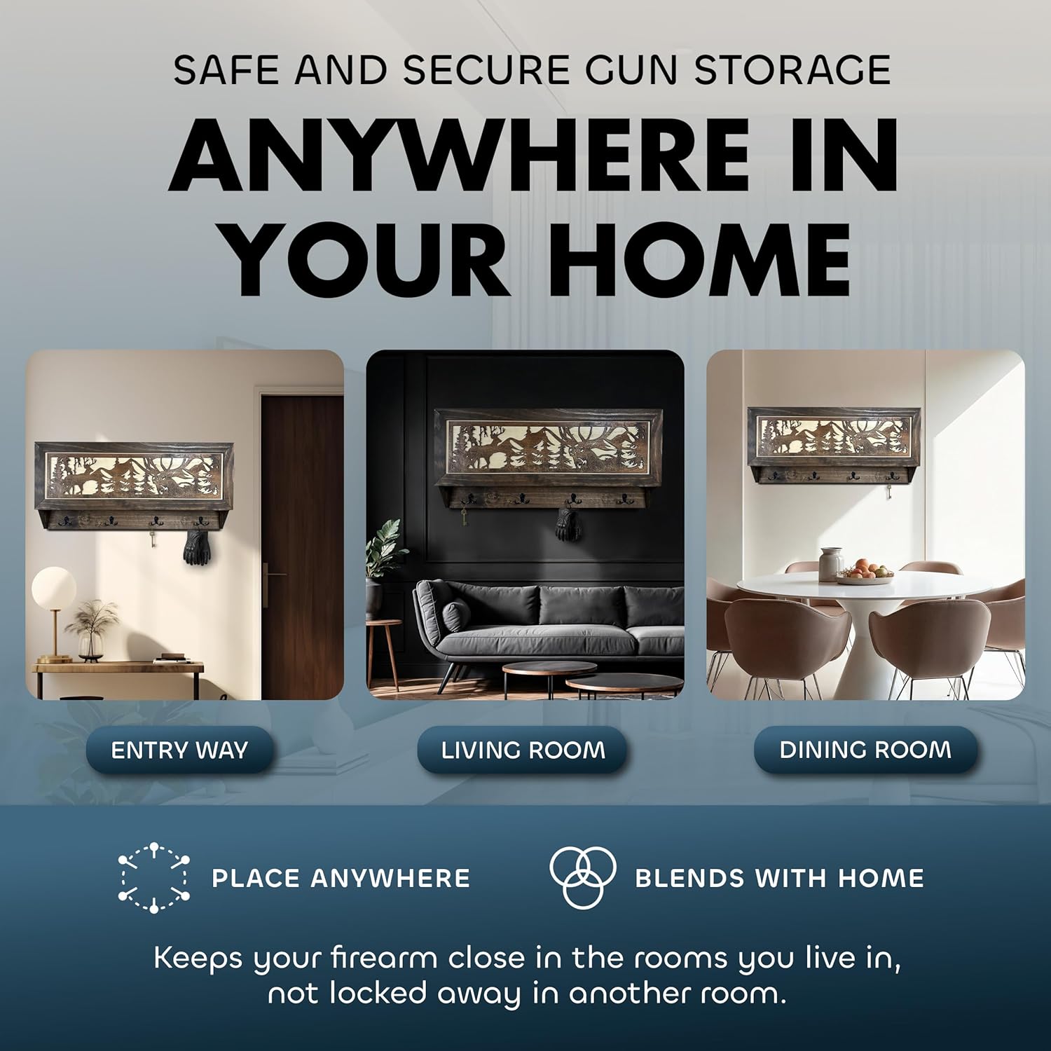 Large Deer Hunter Hidden Gun Storage Shelf installs anywhere in your home