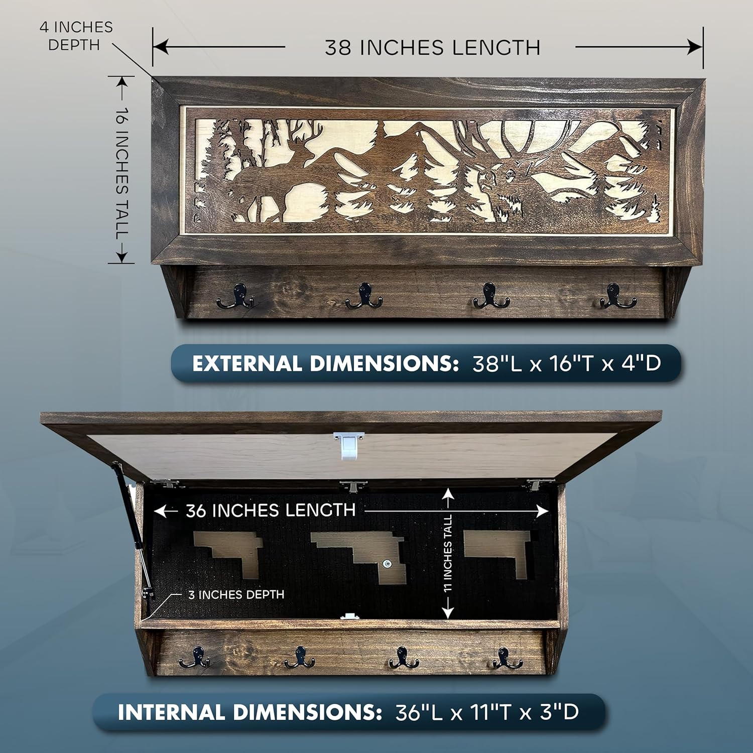Large Deer Hunter Hidden Gun Storage Shelf with external and internal dimensions