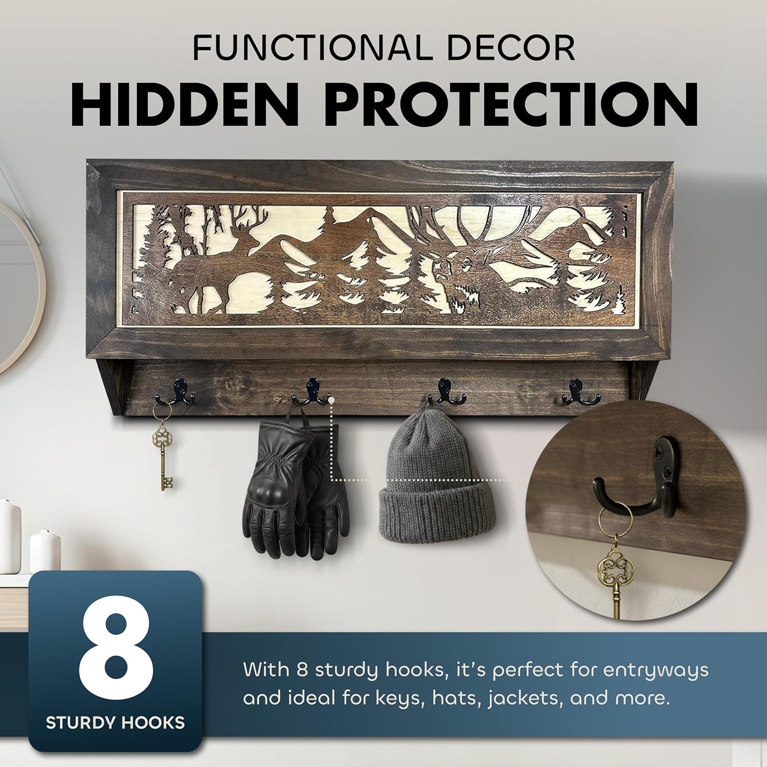 Large Deer Hunter Hidden Gun Storage Shelf with hidden protection and hooks