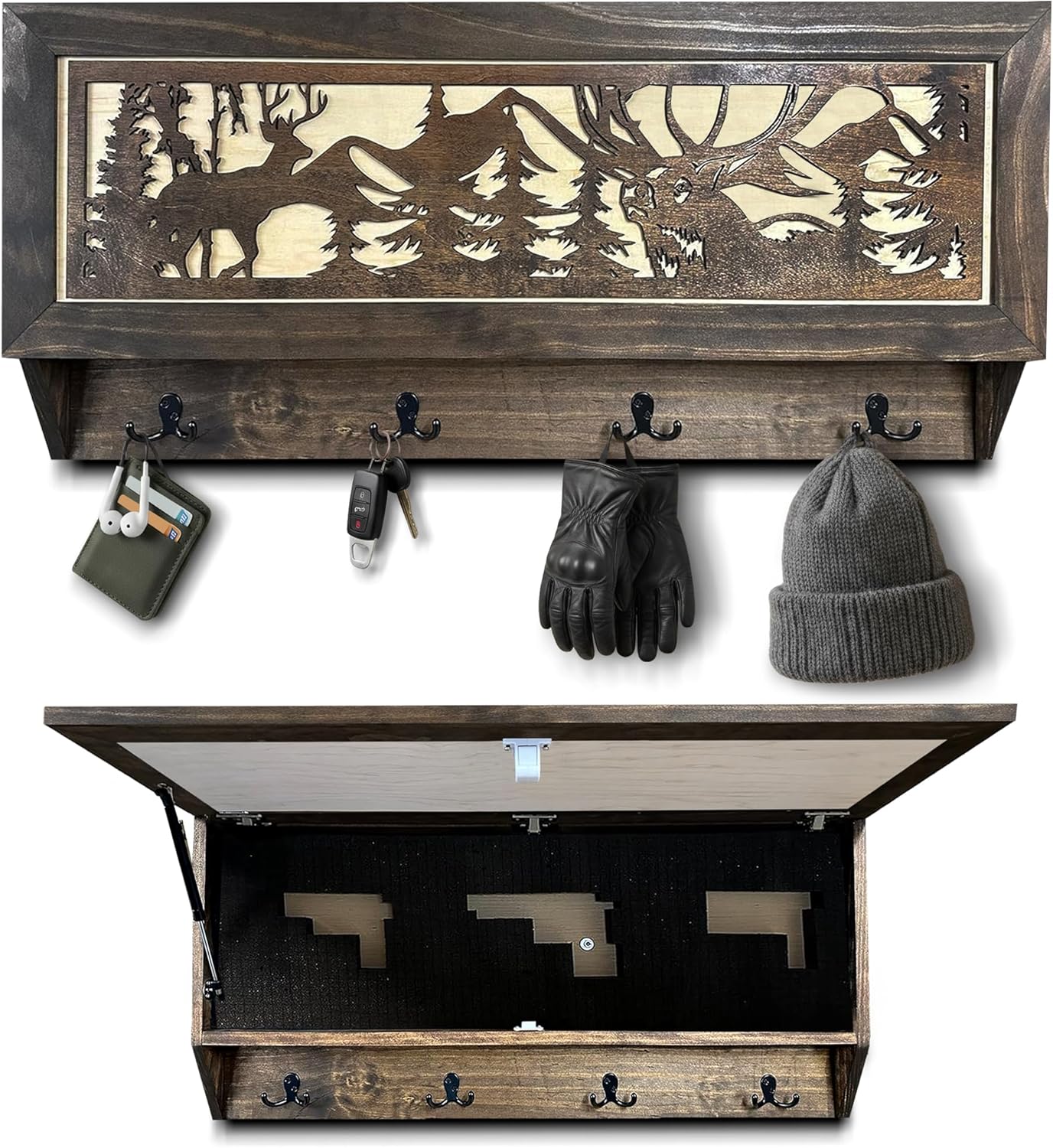 Large Deer Hunter Hidden Gun Storage Shelf with hooks and inside gun storage look