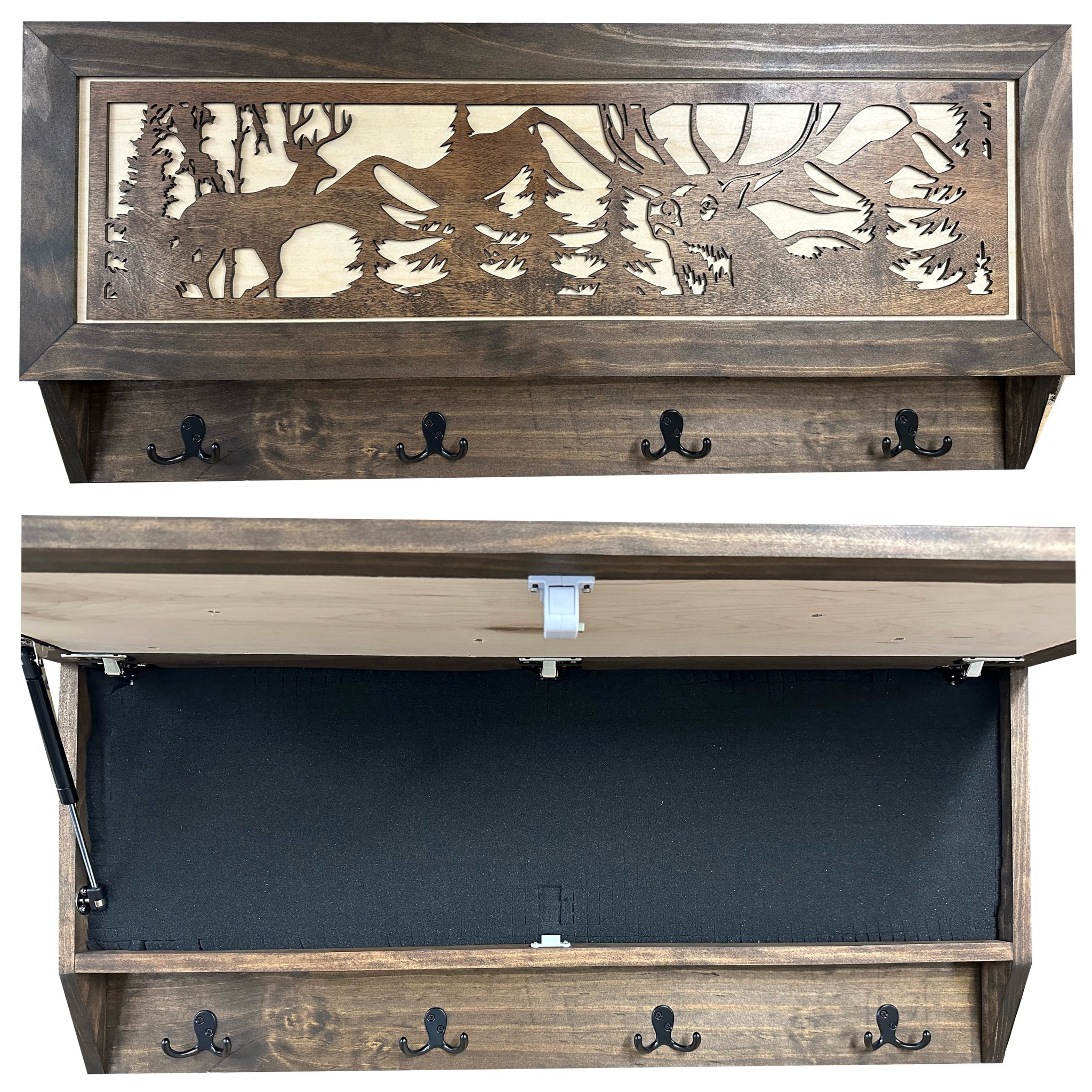 Large Deer Hunter Hidden Gun Storage Shelf with hooks and inside look
