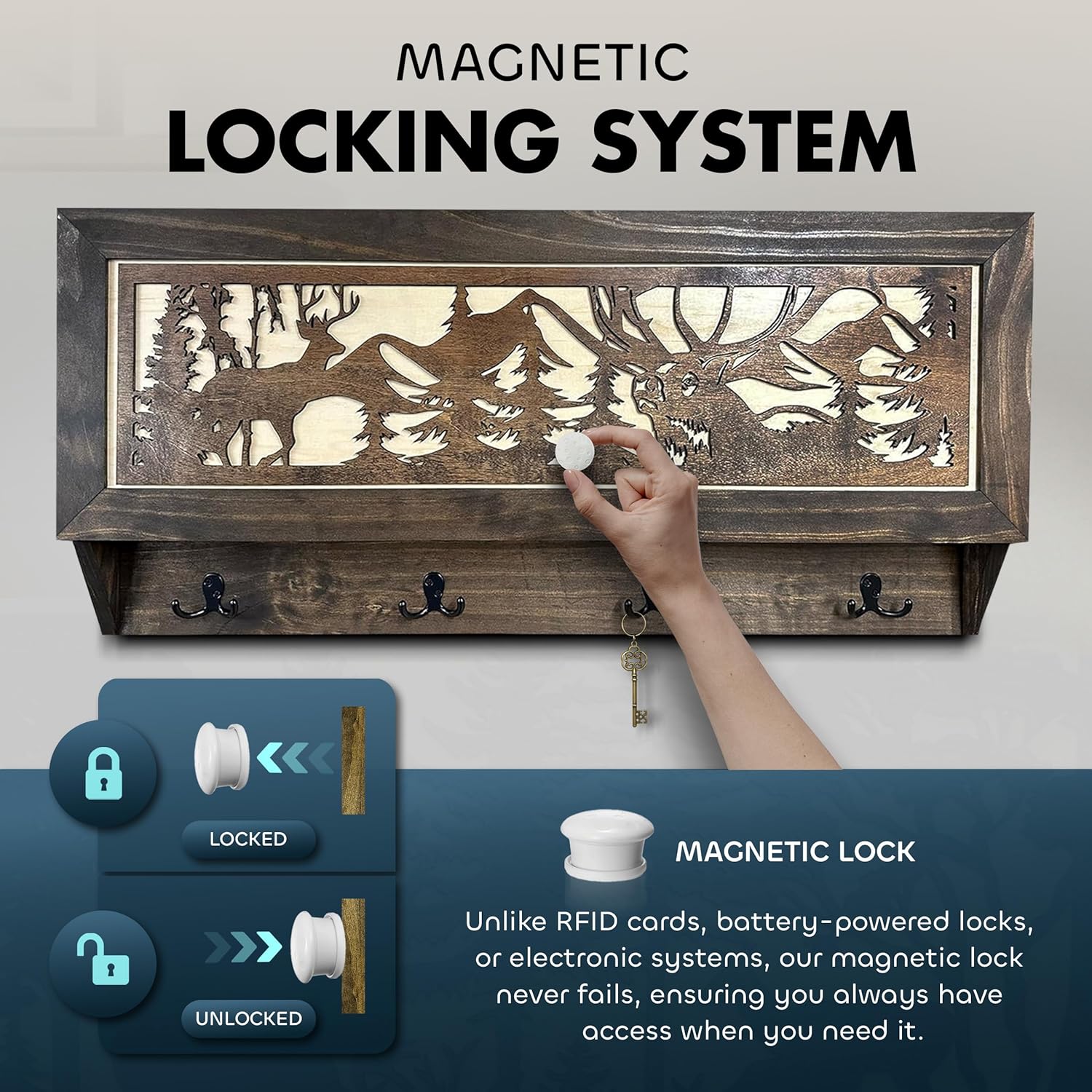 Large Deer Hunter Hidden Gun Storage Shelf with magnetic locking system