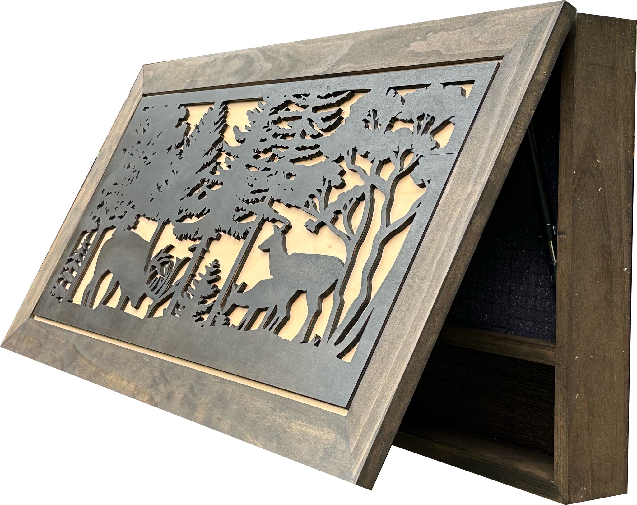 Large Deer Scene Hidden Gun Storage Cabinet with partial open
