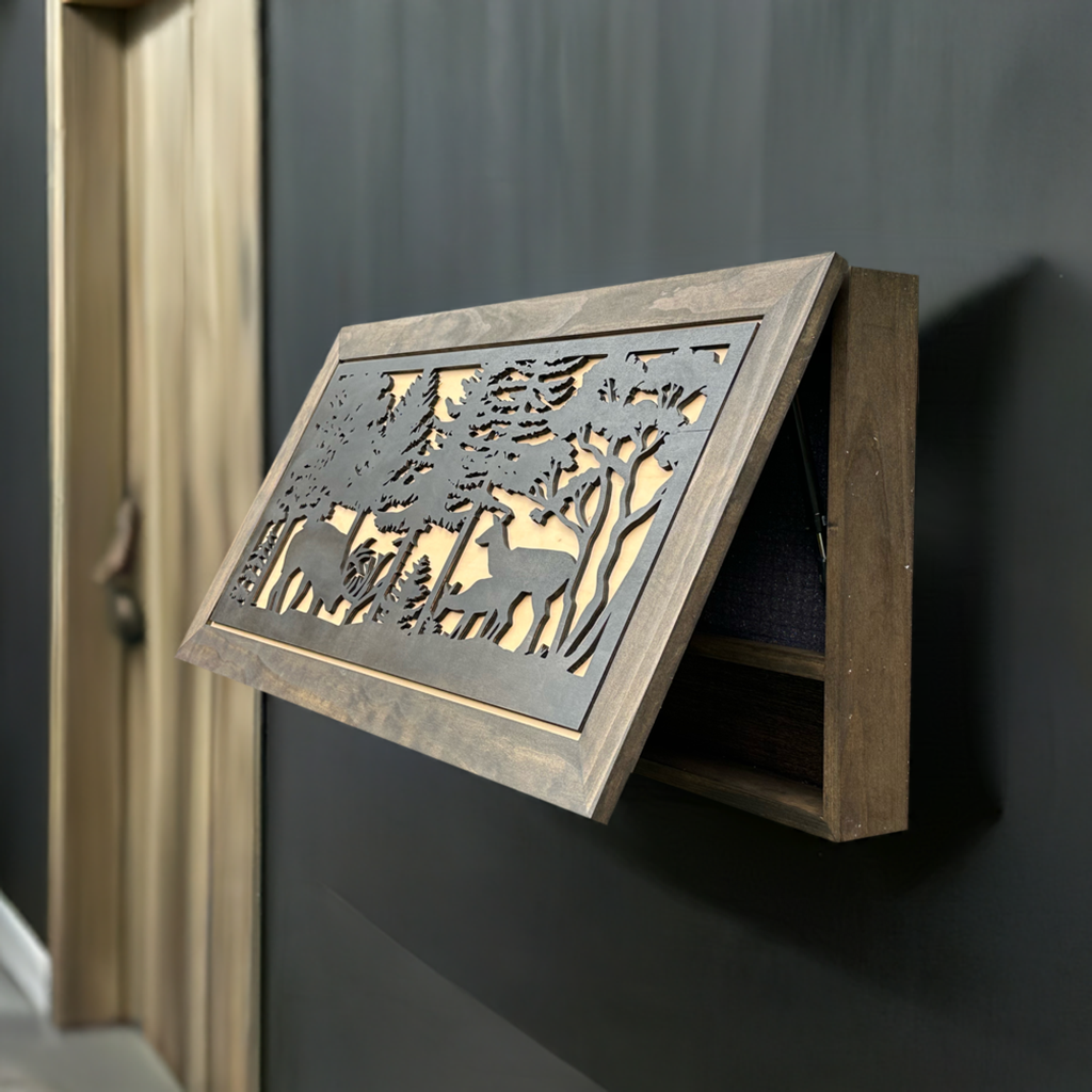 Large Deer Scene Hidden Gun Storage Cabinet with side view
