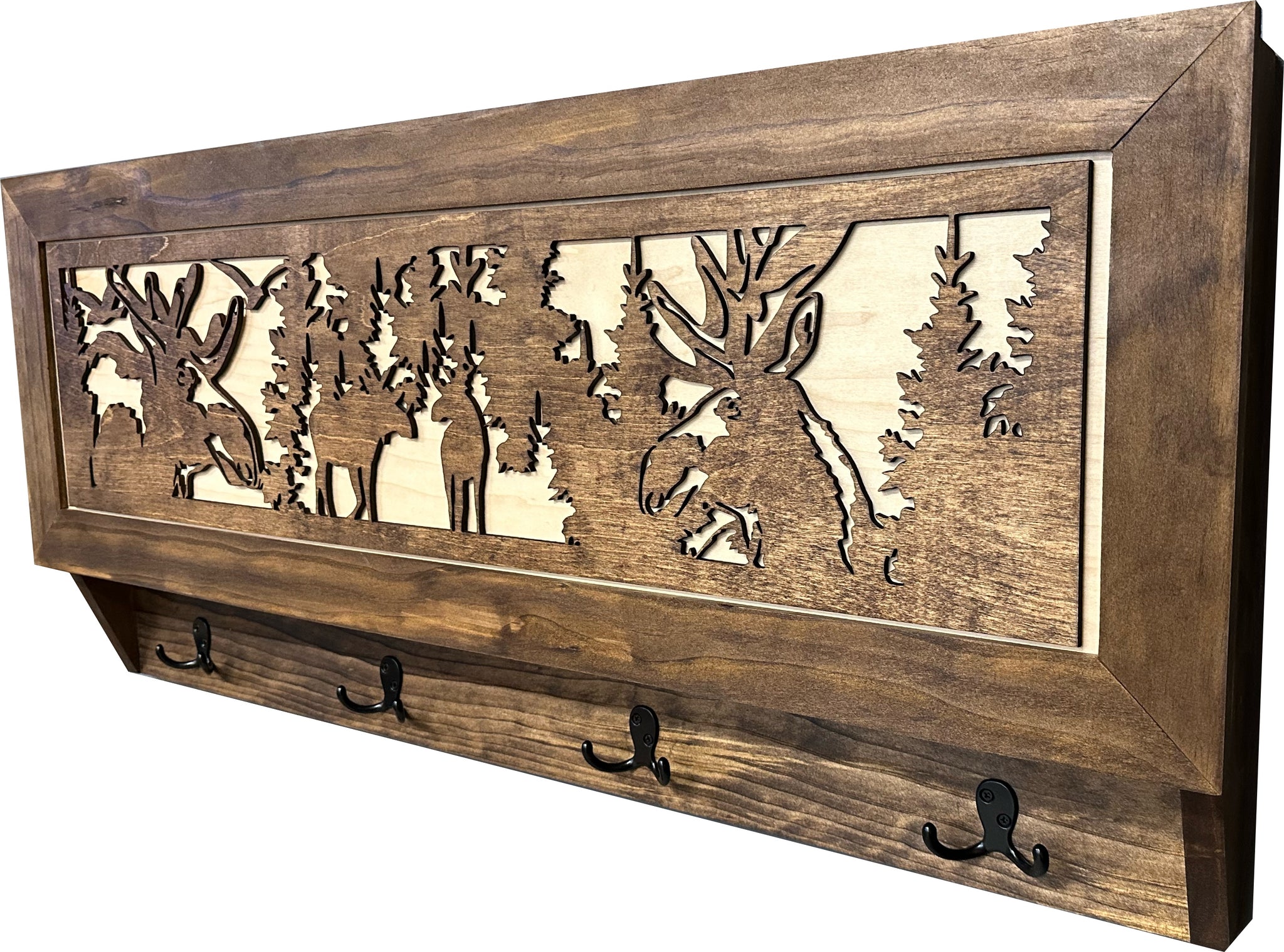 Moose Hunting Large Hidden Gun Storage Coat Rack with Hooks and side view