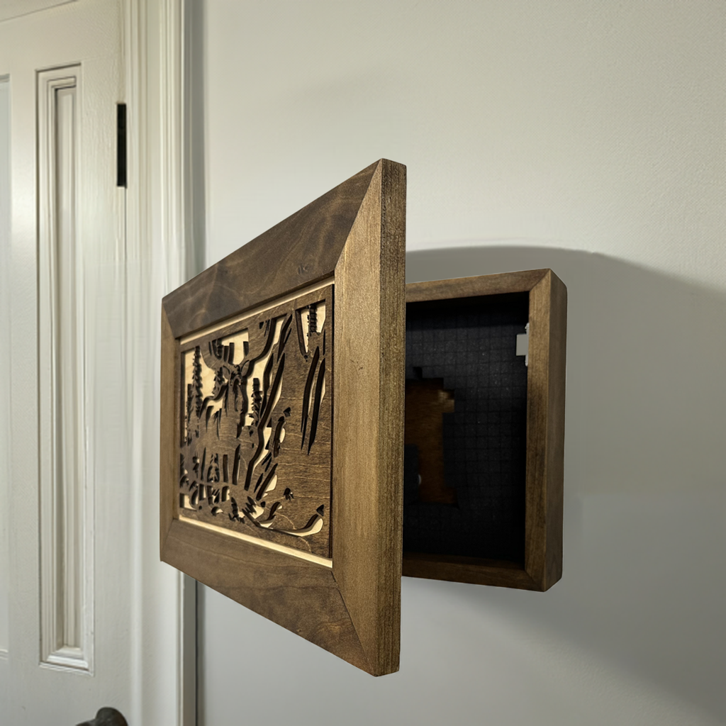 Moose in the Woods Gun Concealment Furniture partial open