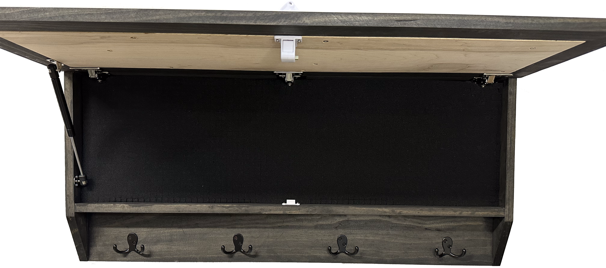 Mountain Scene Coat Rack Concealed Hidden Gun Storage Cabinet with front open and hooks