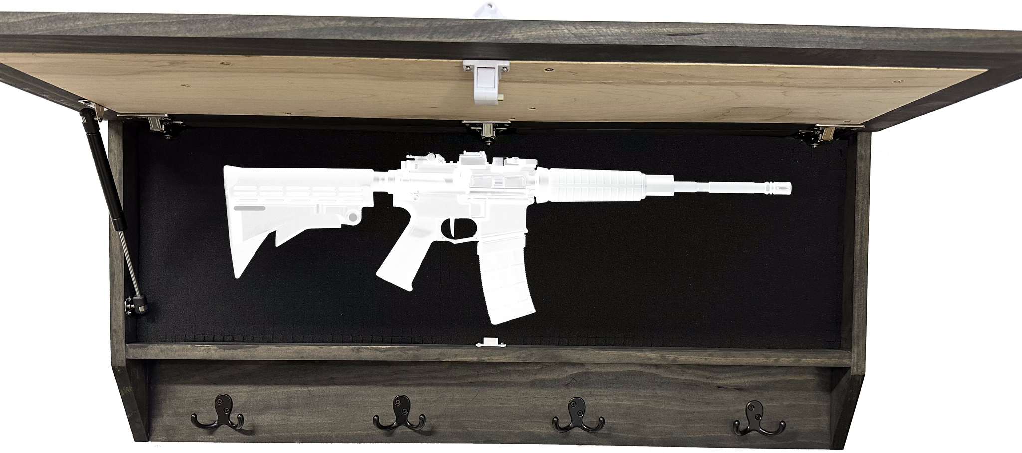 Mountain Scene Coat Rack Concealed Hidden Gun Storage Cabinet with front open illustration 
