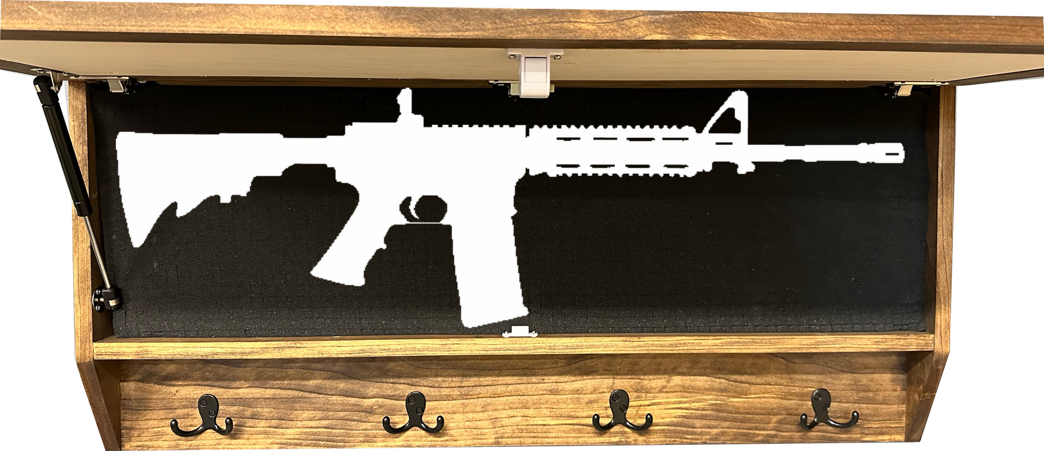 Mountain Scene Welcome Concealment Wooden Gun Cabinet with AR rifle illustration