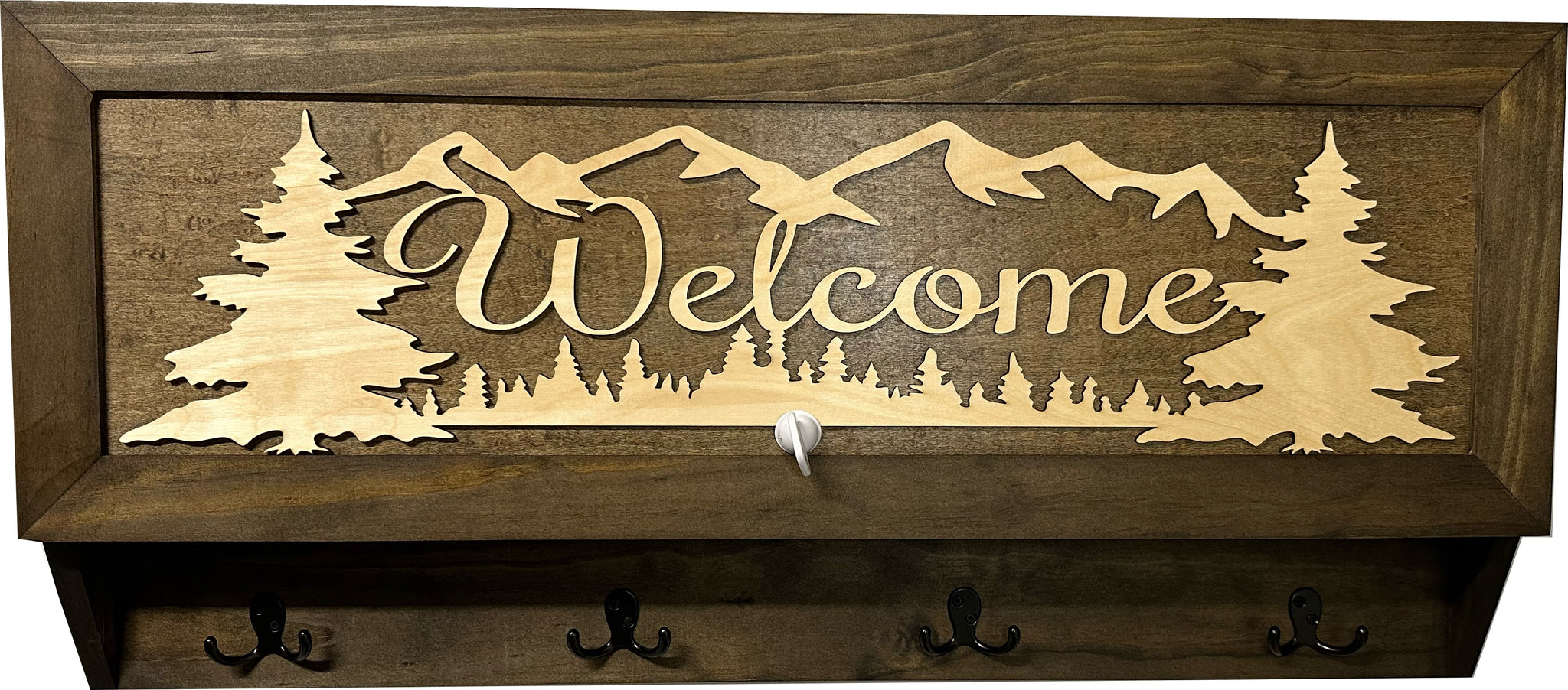 Mountain Scene Welcome Concealment Wooden Gun Cabinet with keys and hooks