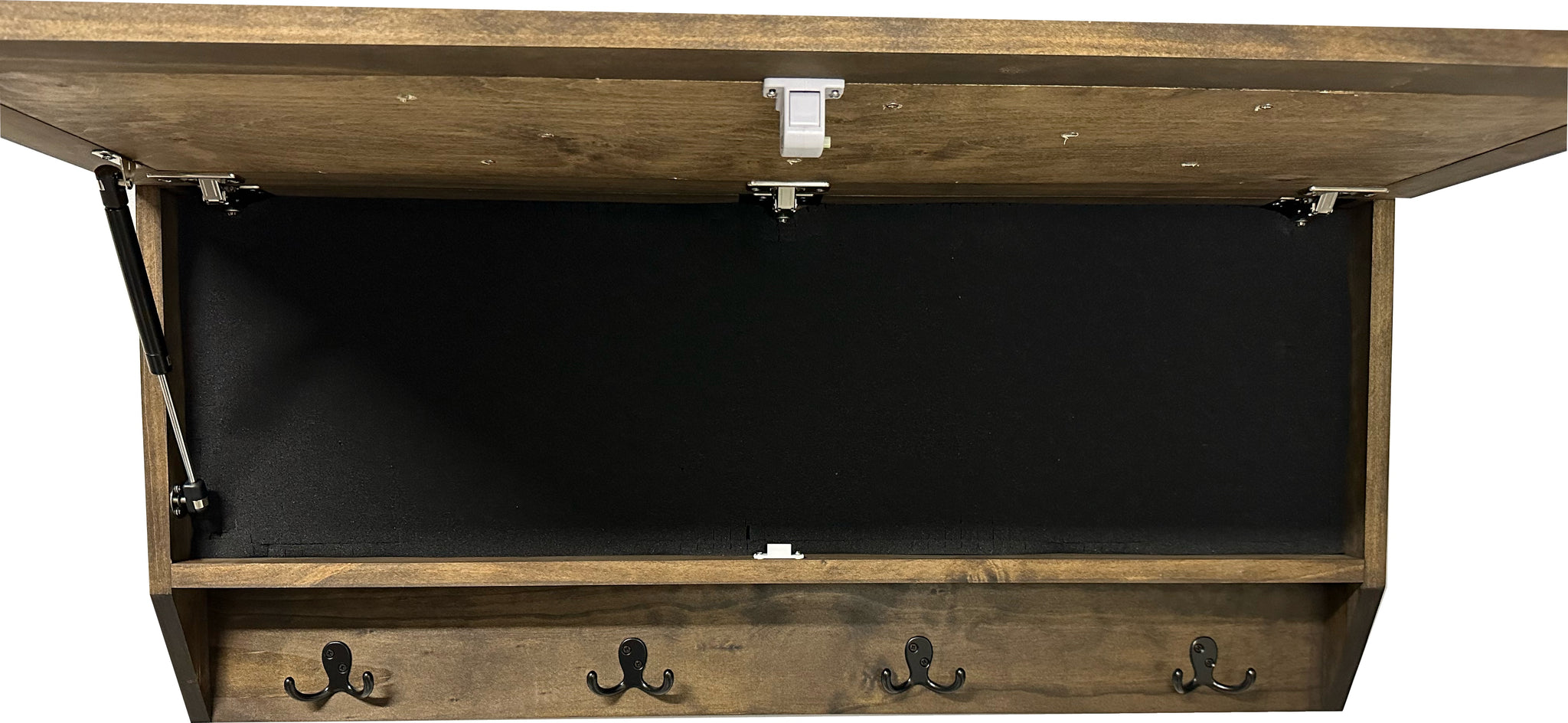 Mountain Scene Welcome Concealment Wooden Gun Cabinet with open illustration and hooks