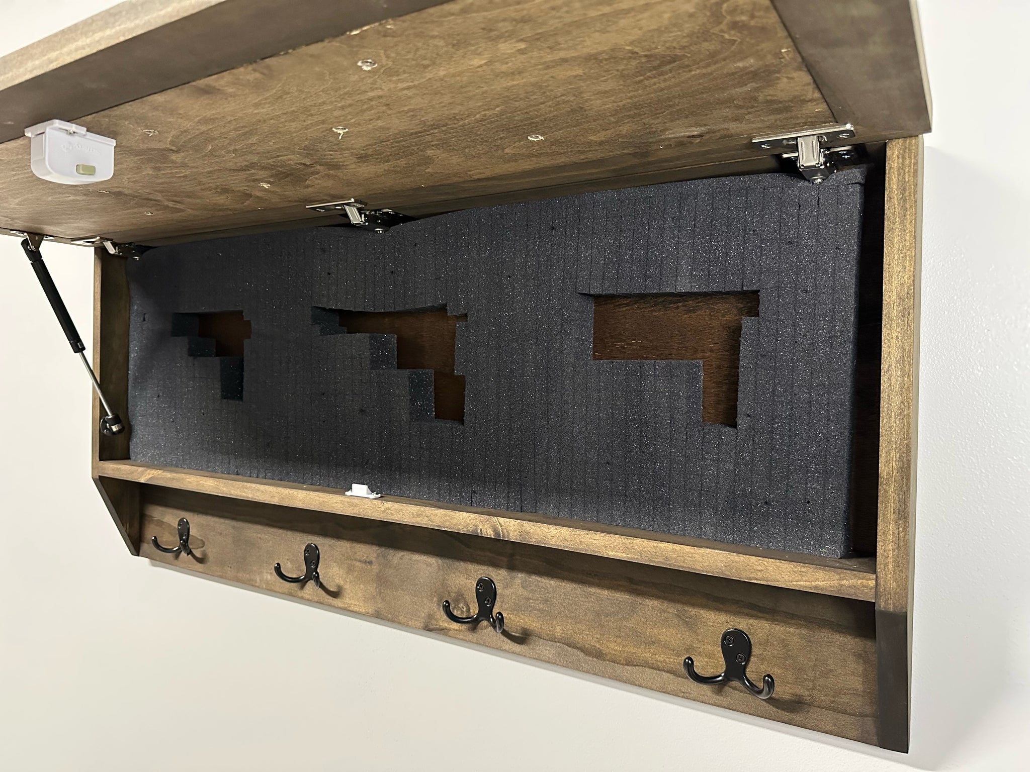 Mountain Scene Welcome Concealment Wooden Gun Cabinet with side inside look and hooks