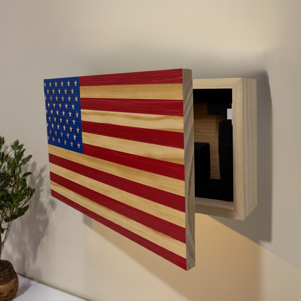 Red & Blue American Flag Decorative Wall-Mounted Gun Cabinet Partial Open