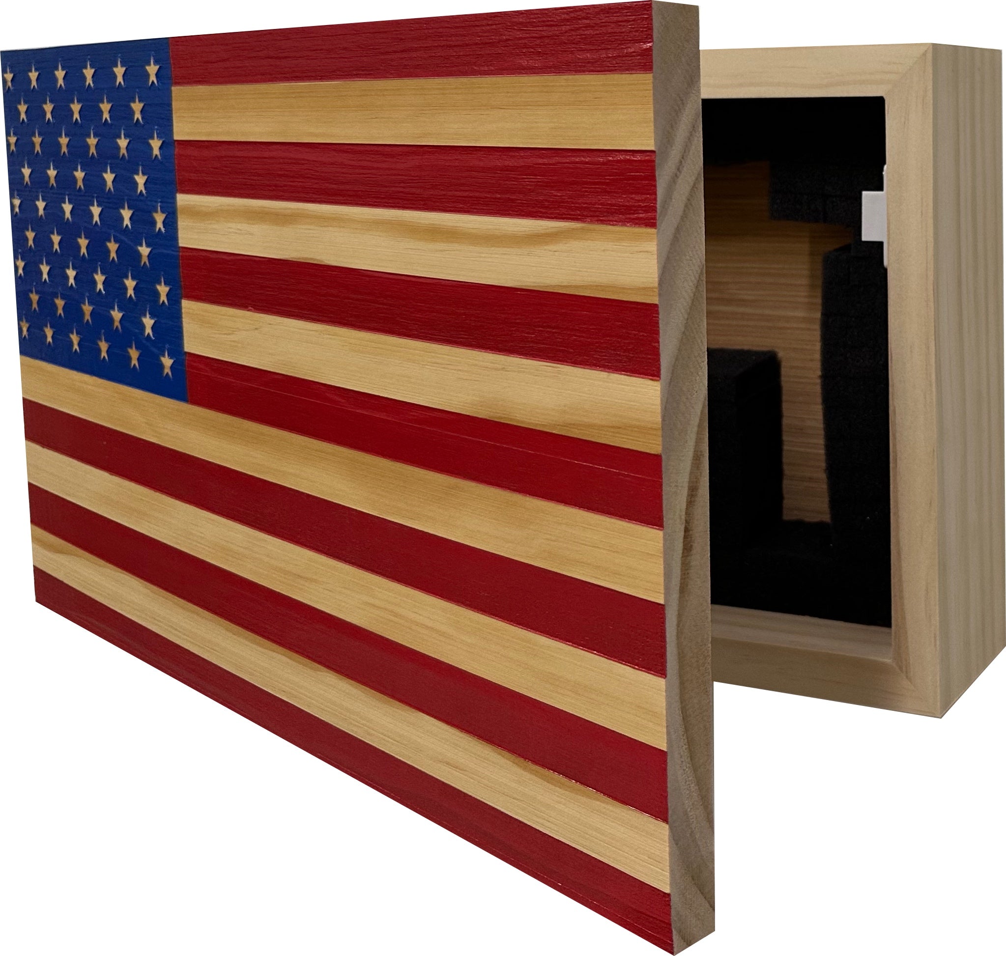 Red & Blue American Flag Decorative Wall-Mounted Gun Cabinet  partial open look