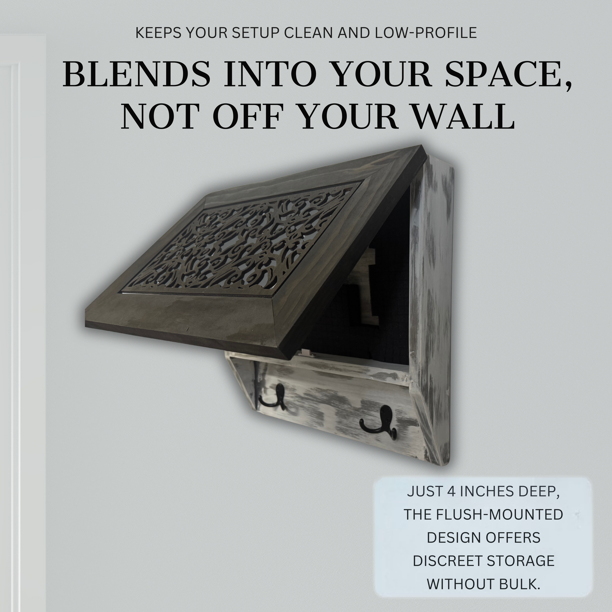 Wall-mounted decorative storage box with text on a light gray background