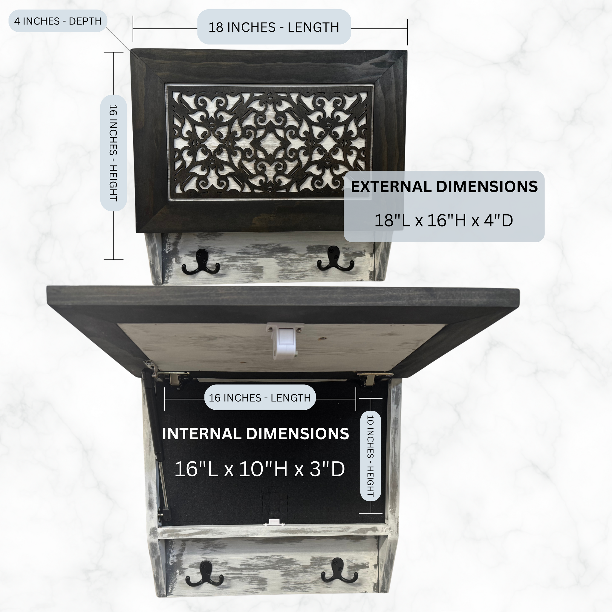 Rustic Diamond Hidden Gun Cabinet Concealment Coat Rack with external and internal dimensions