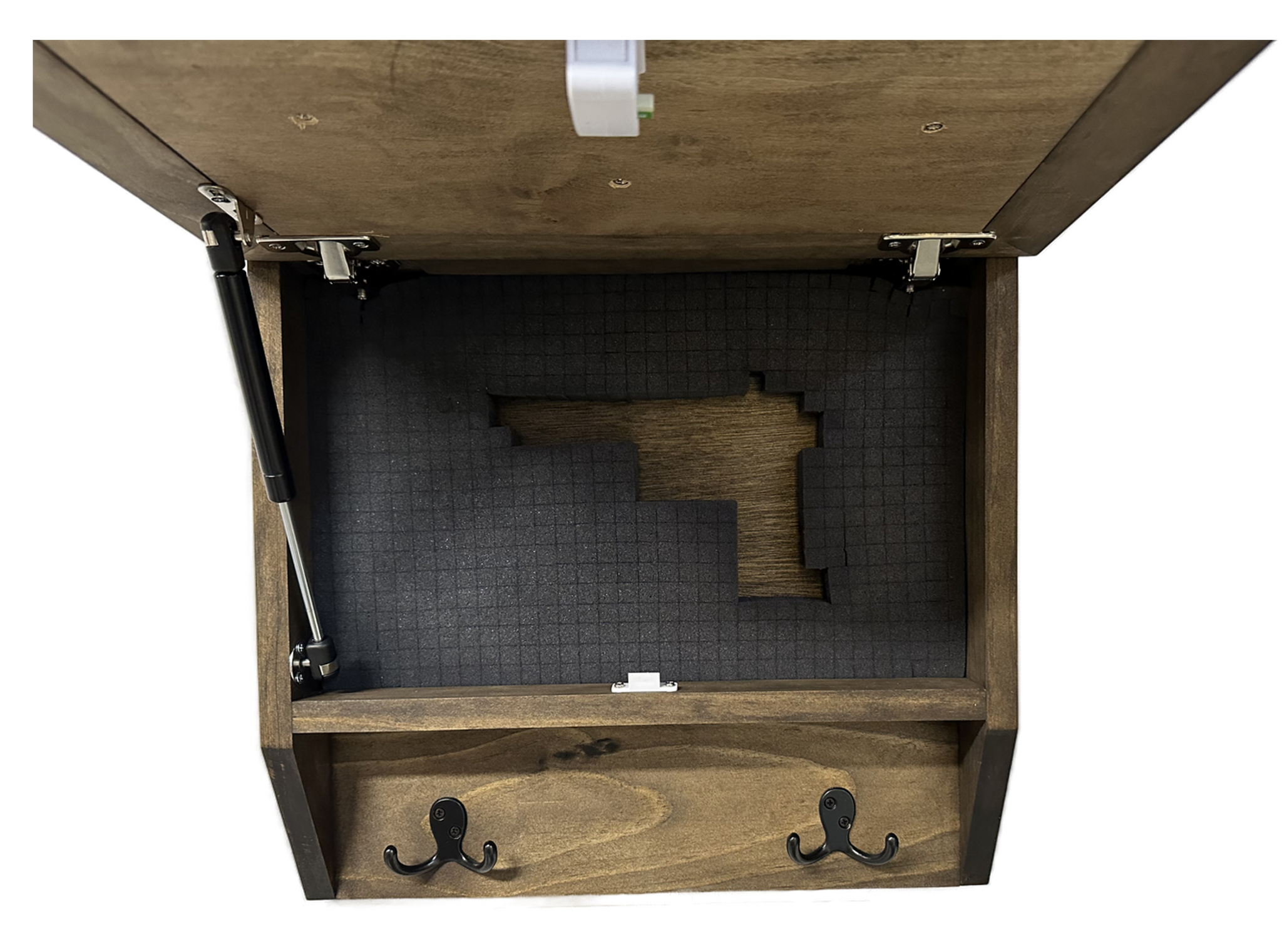 Rustic Mountain Welcome Concealed Wall-Mounted Gun Cabinet with front open inside storage view