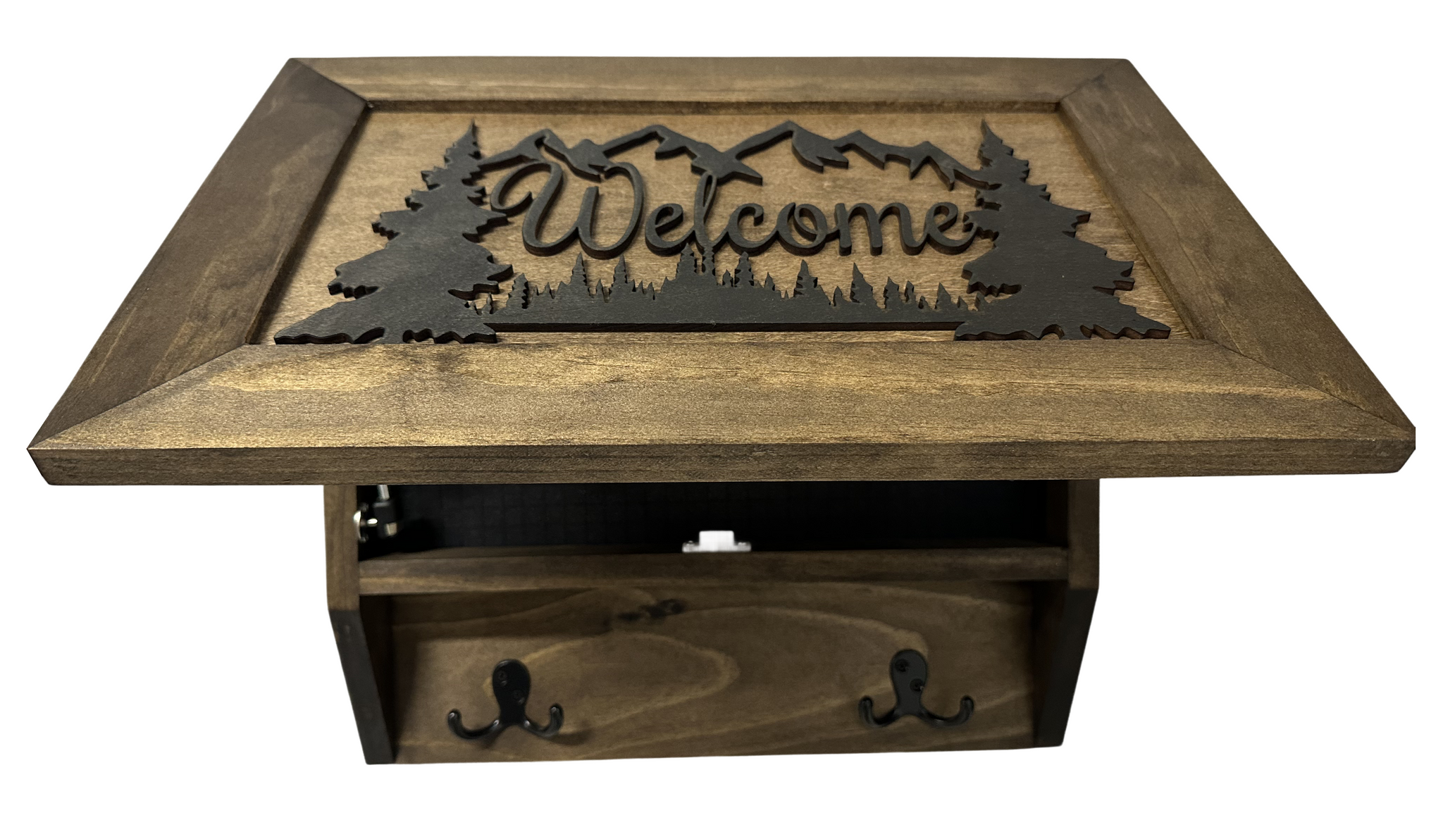 Rustic Mountain Welcome Concealed Wall-Mounted Gun Cabinet with partial open