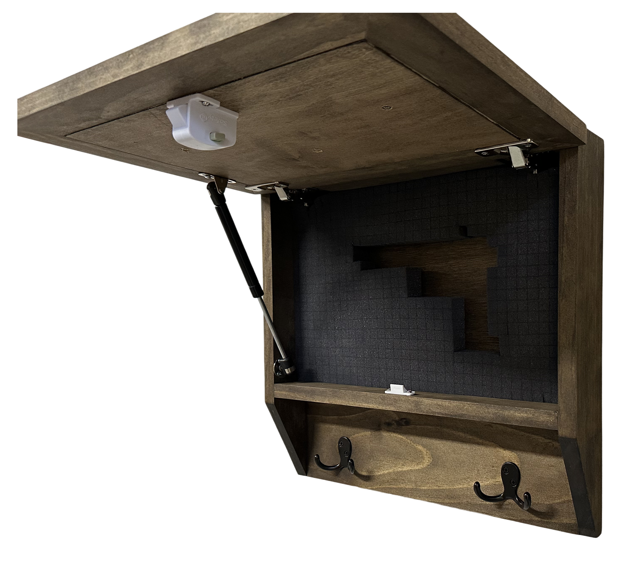Rustic Mountain Welcome Concealed Wall-Mounted Gun Cabinet with side open view