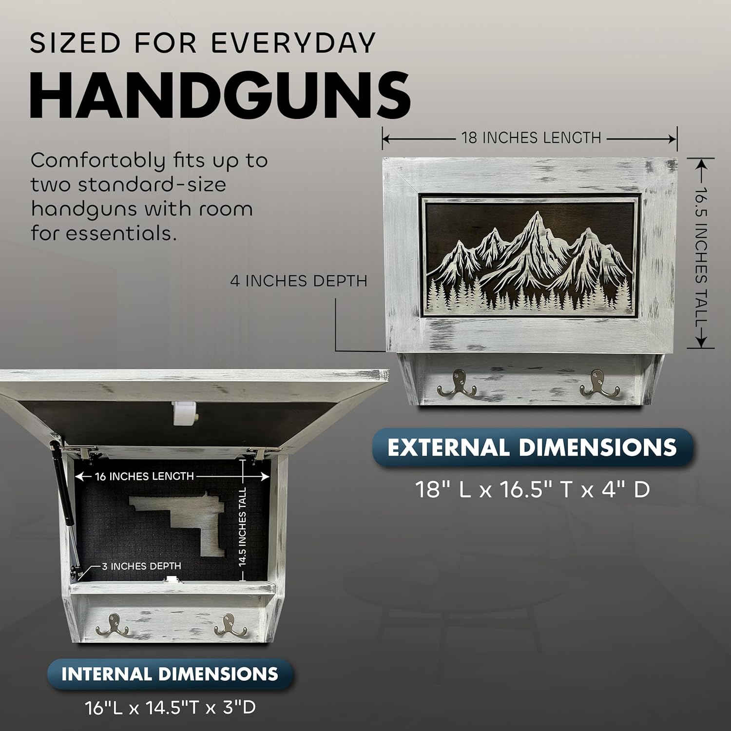Snow Mountain Hidden Gun Safe Coat Rack Wall Cabinet with external and internal dimensions