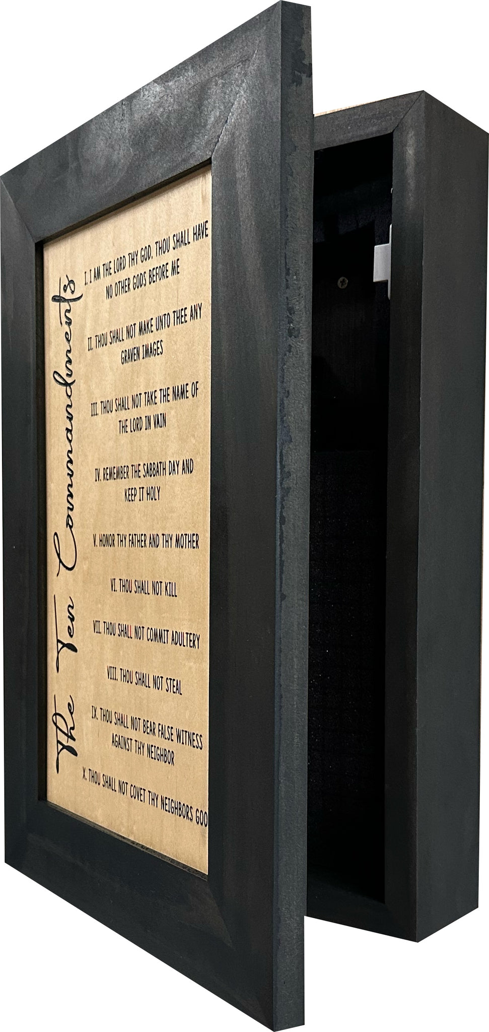 Ten Commandments Religious Hidden Gun Storage Wall Cabinet partial open