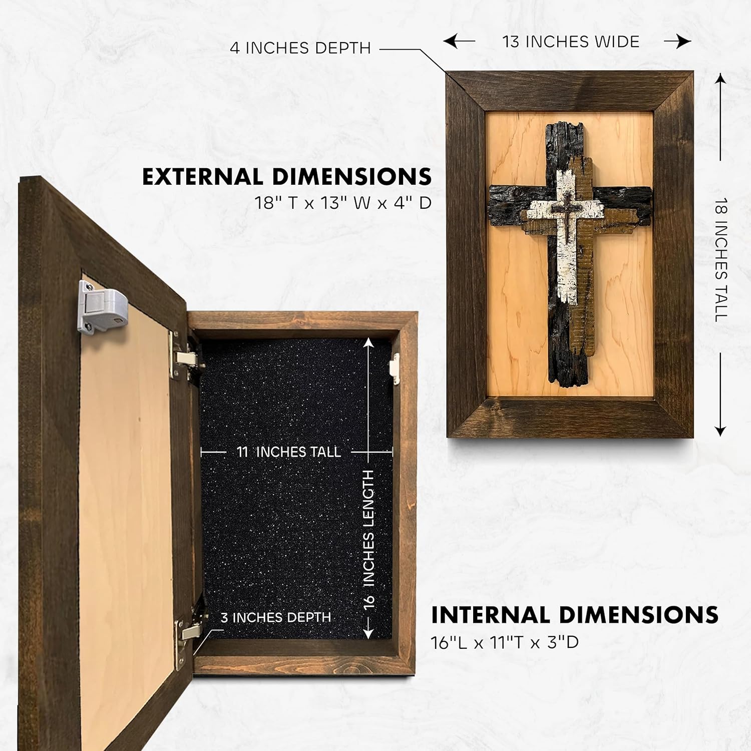 Three Layered Cross Wall-Mounted Secure Hidden Gun Cabinet with external and internal dimensions