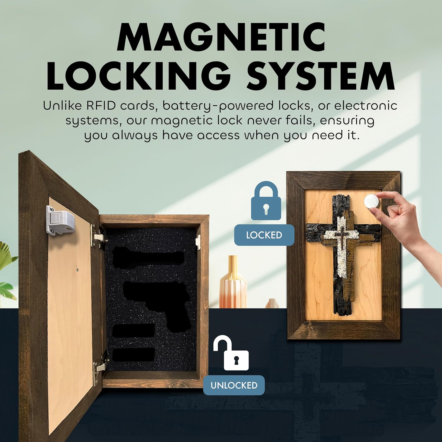 Three Layered Cross Wall-Mounted Secure Hidden Gun Cabinet with magnetic locking system