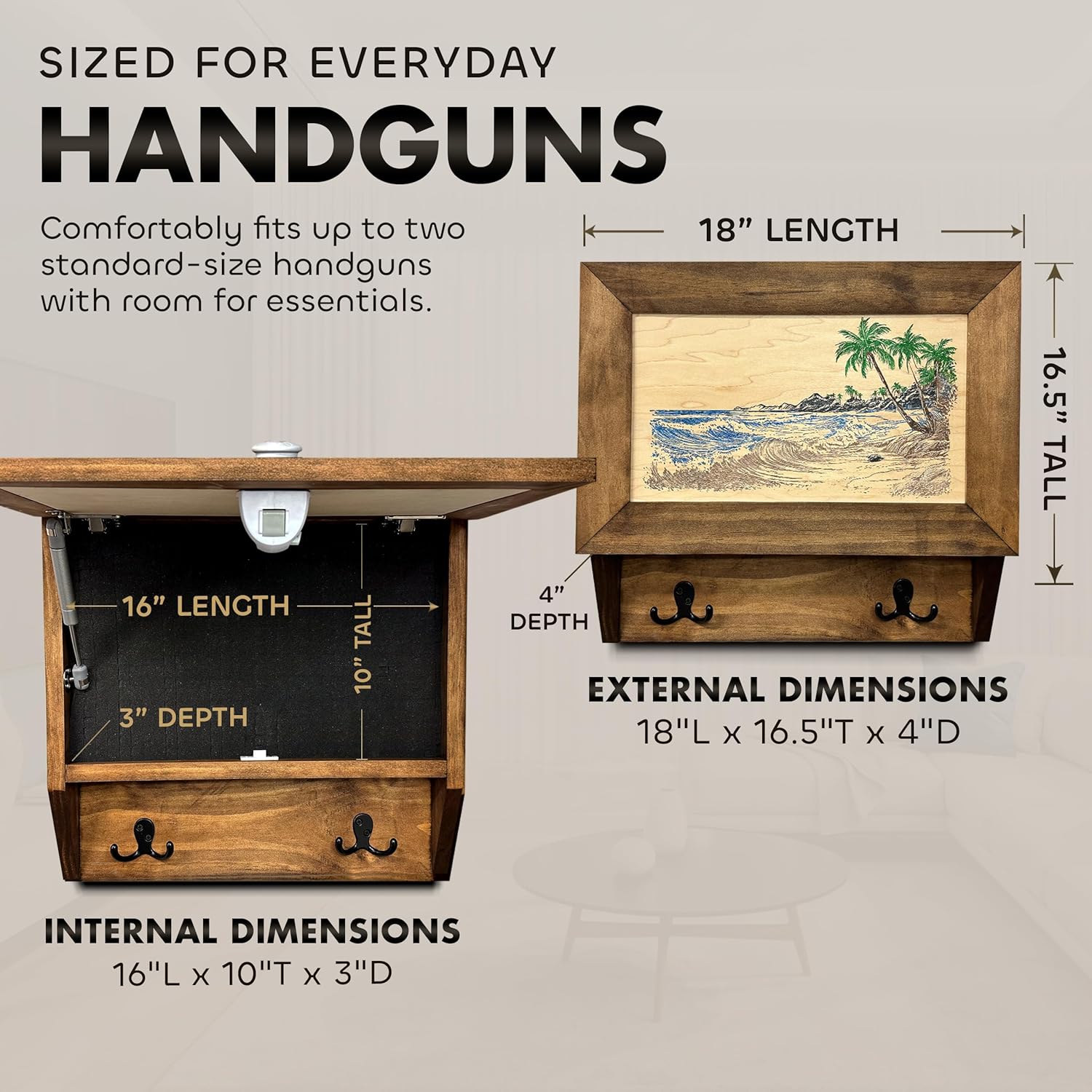 Tropical Paradise Hidden Gun Cabinet Coat Rack with external and internal dimensions
