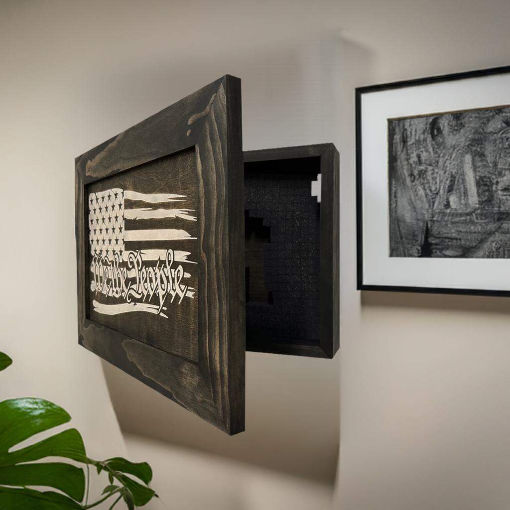 We The People American Flag Wall-Mounted Hidden Gun Cabinet Partial Open