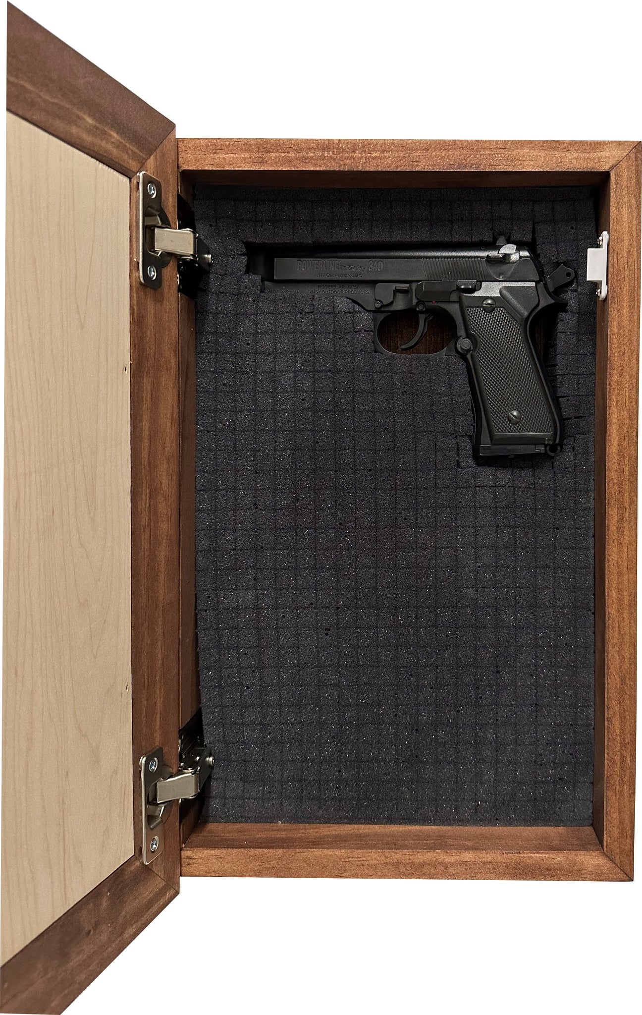 Welcome to Our Home Wooden Secure Gun Safe with gun inside