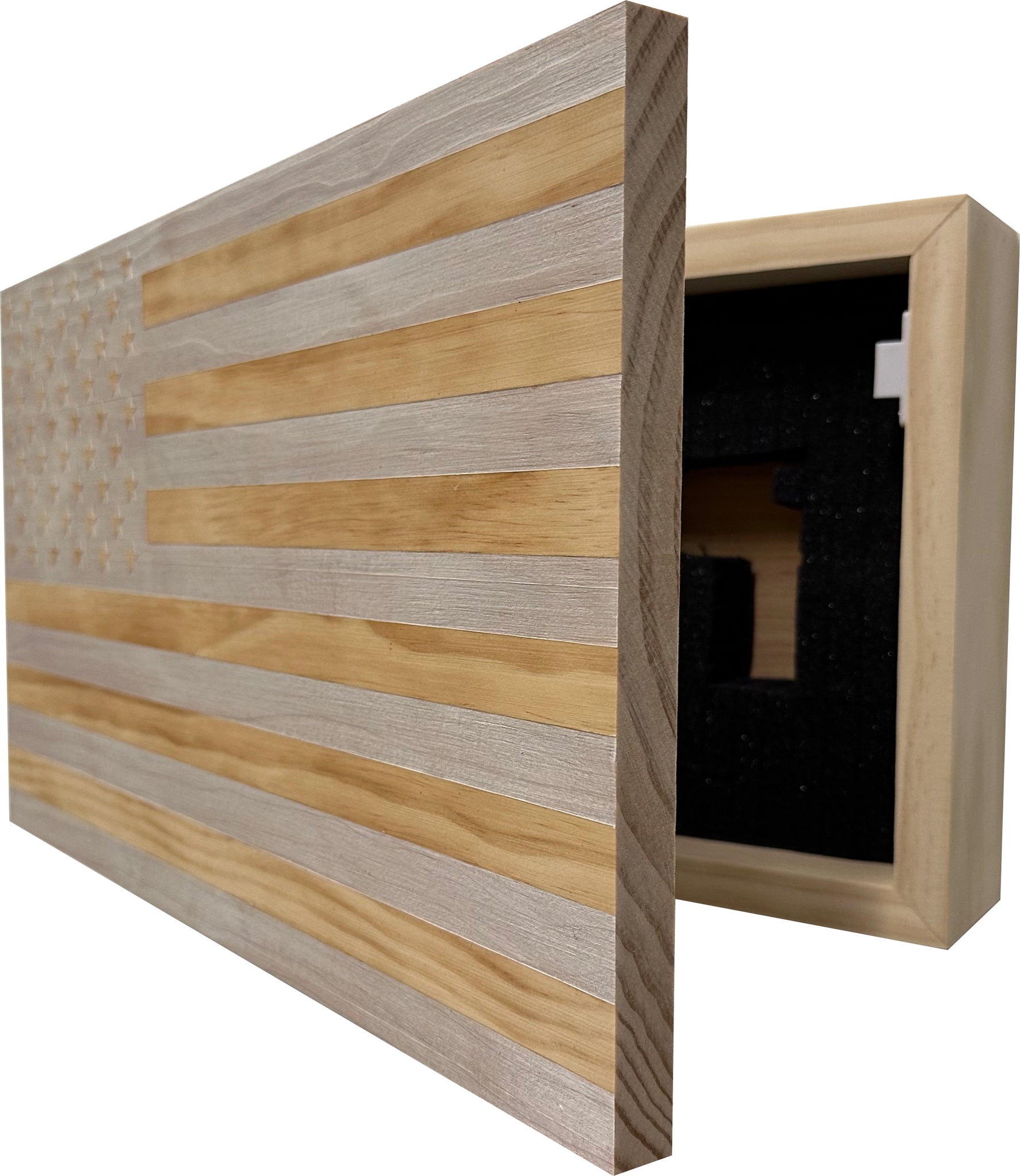 Whitewashed American Flag Decorative Wall-Mounted Gun Cabinet partial open