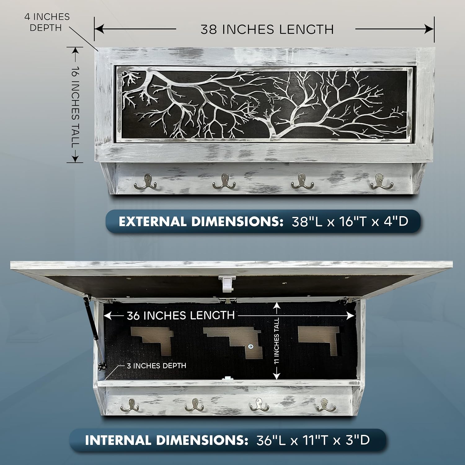 Winter Family Tree Large Gun Hidden Concealment Cabinet with external and internal dimensions