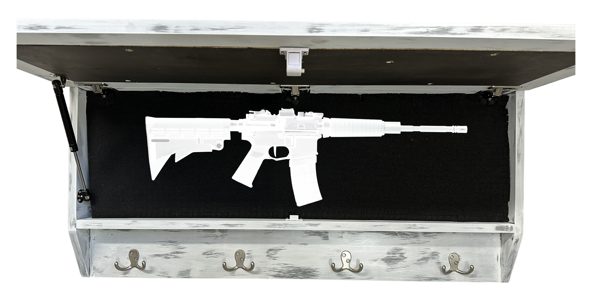 Winter Family Tree Large Gun Hidden Concealment Cabinets with full open AR rifle illustration