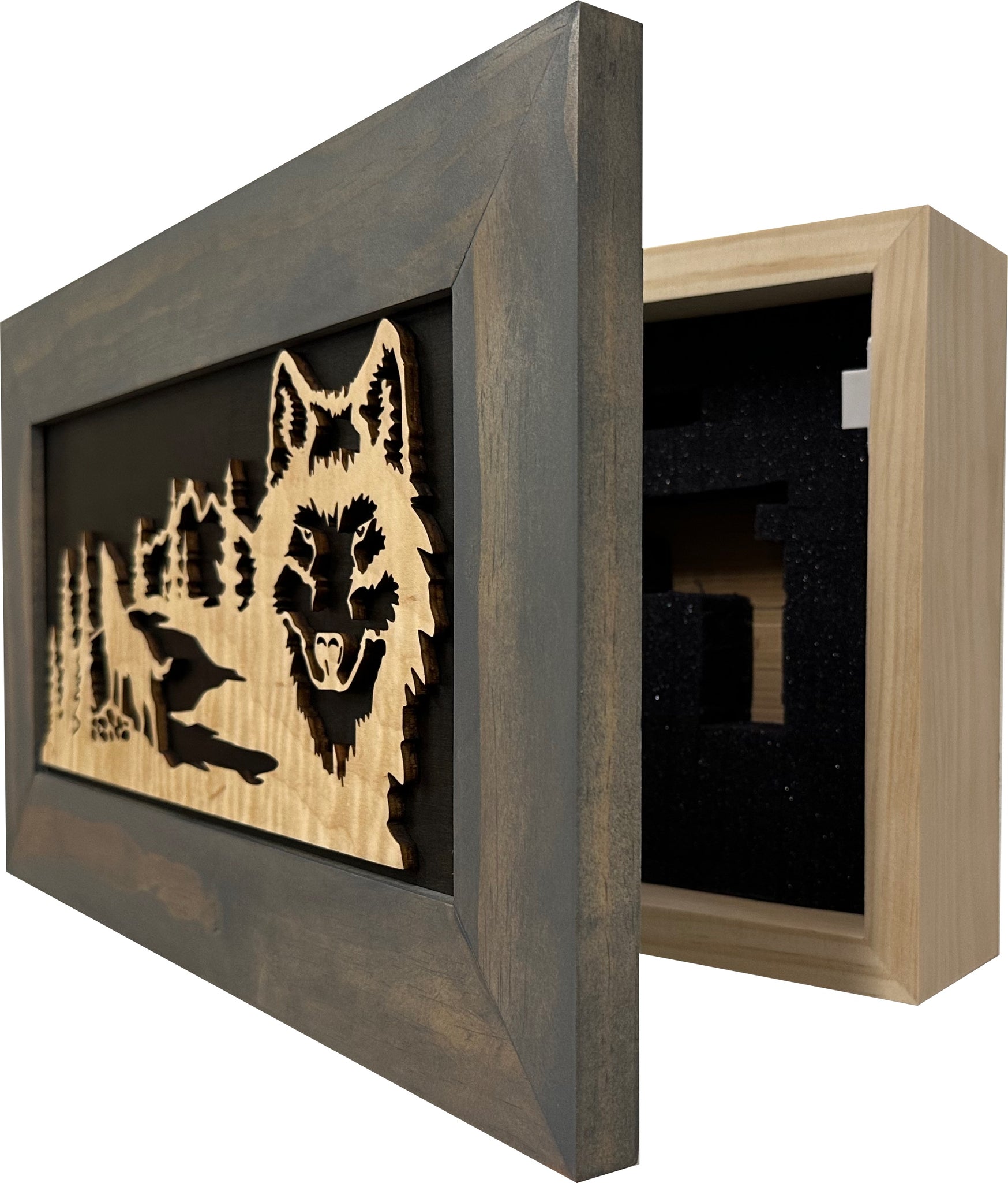 Wolf Scenery Wall Decoration Hidden Gun Cabinet partial open