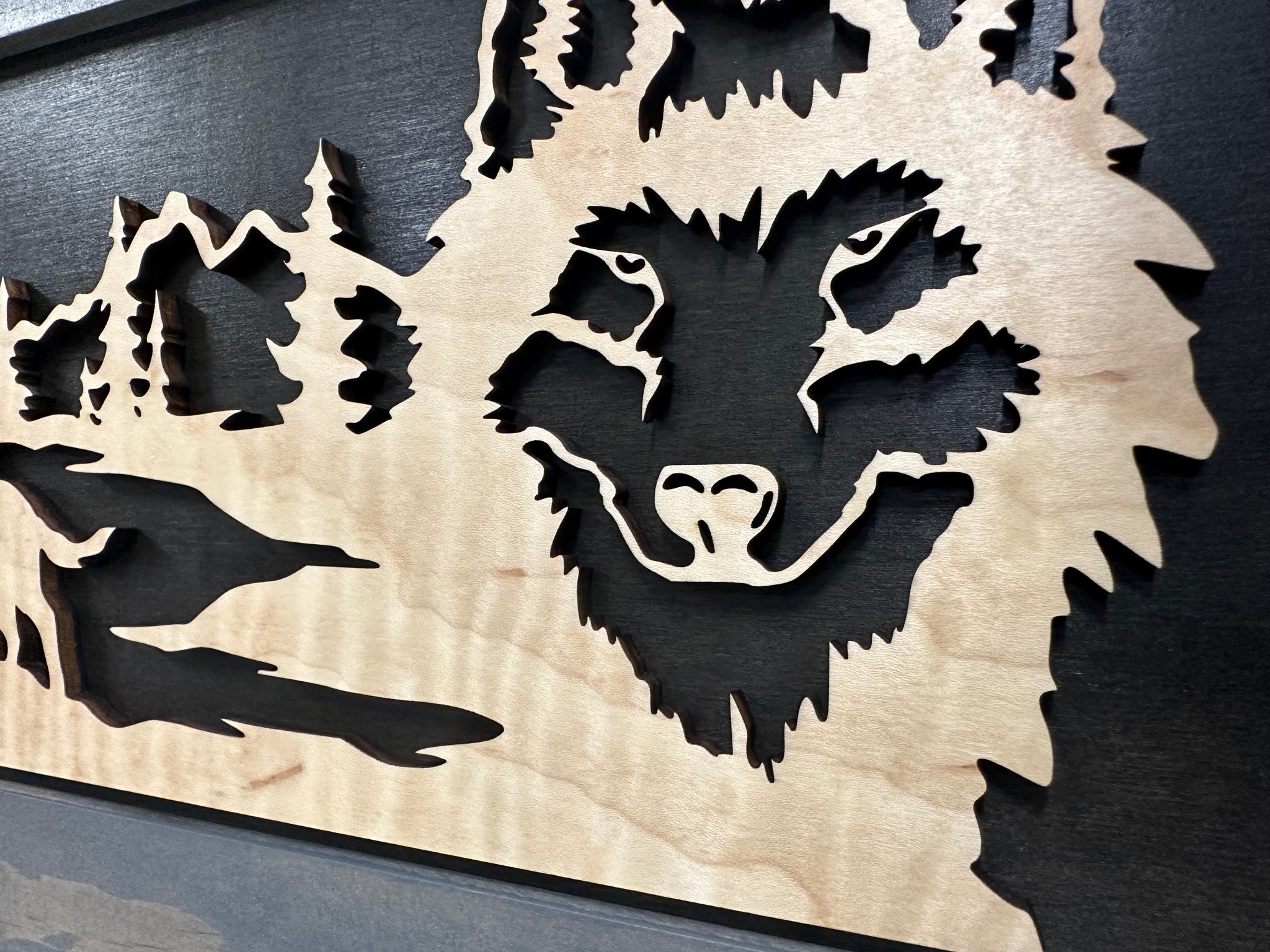 Wolf Scenery Wall Decoration Hidden Gun Cabinet with close view